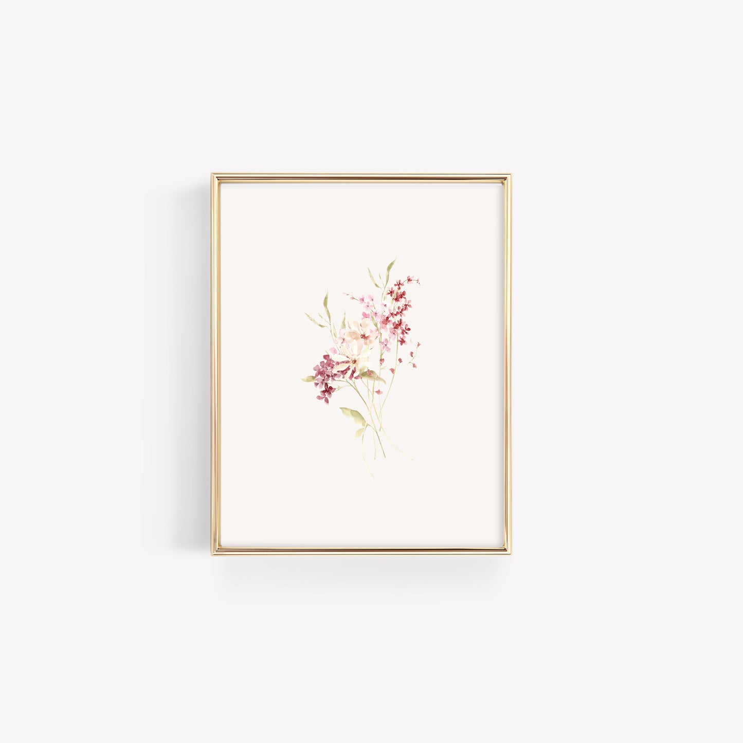 A tall, vertical bundle of wildflowers in dusty rose and burgundy, featuring long-stemmed botanical elements in a sleek gold frame for a minimalist nursery wall.