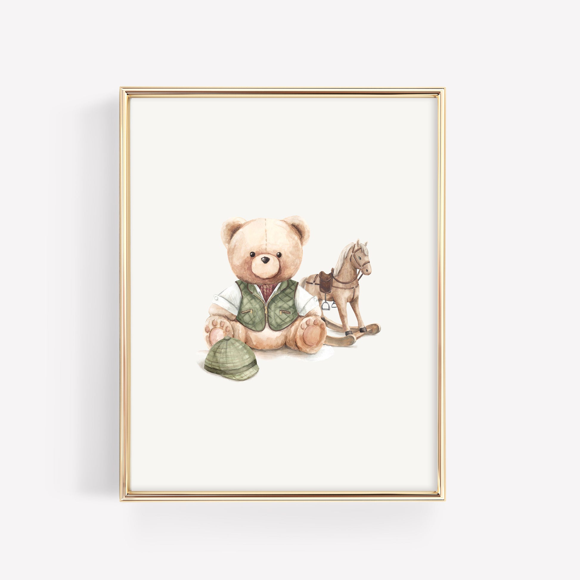 Heirloom watercolor print of a dapper equestrian teddy bear wearing an olive green quilted vest and burgundy tie next to a vintage wooden rocking horse for a preppy, old-money style nursery.