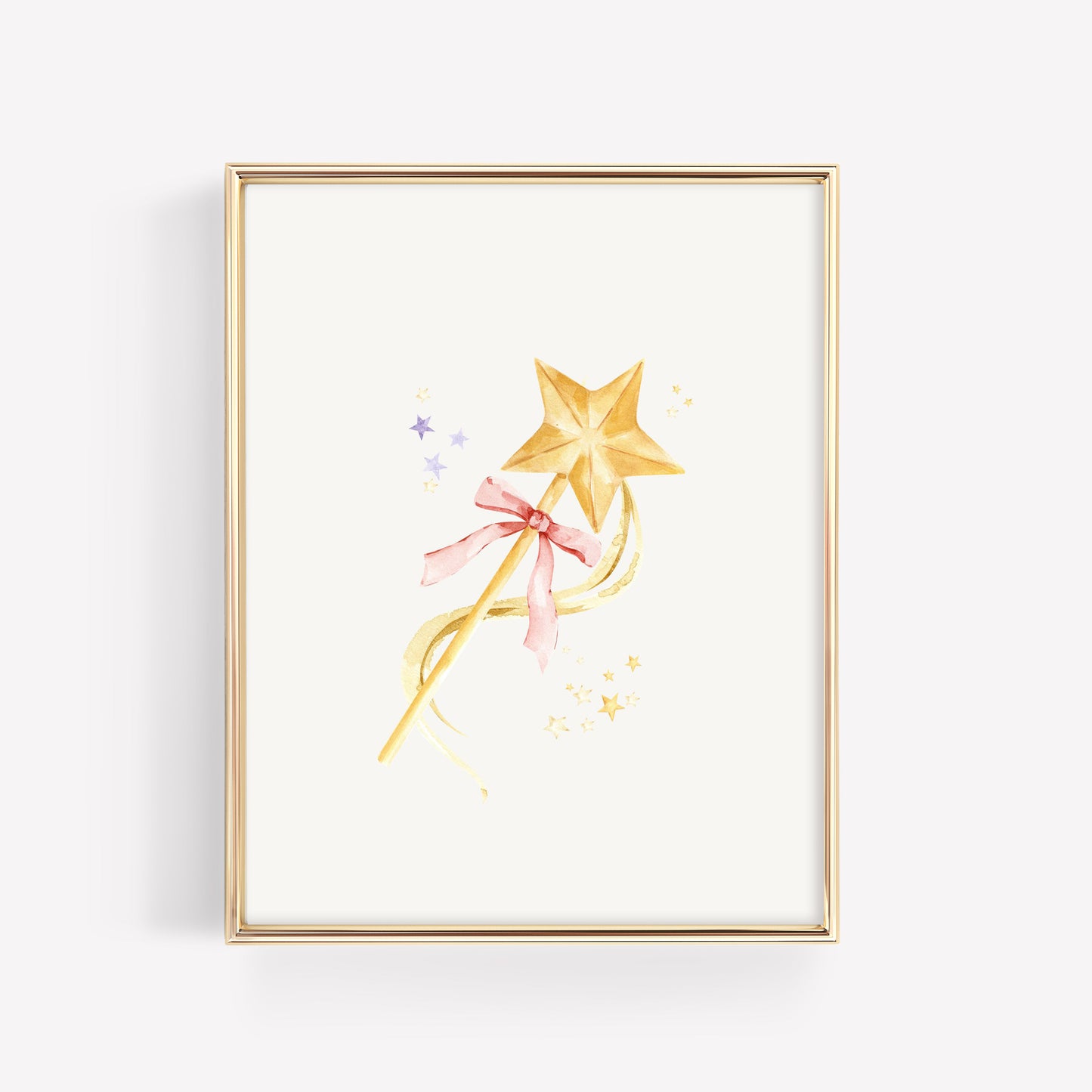Delicate watercolor magic star wand print with floating pastel ribbon and shimmering gold star dust motifs.