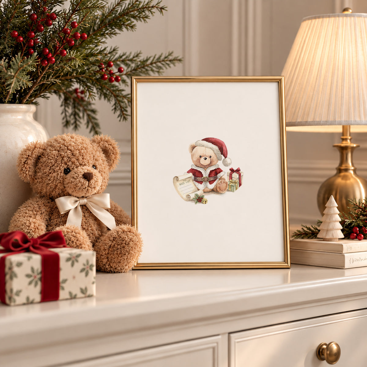 Gold-framed Christmas watercolor art print of a vintage teddy bear in a Santa suit holding a Nice List scroll, displayed on a cream dresser beside a plush teddy bear with a cream satin bow, a wrapped holiday present, a pleated brass lamp, and festive winter greenery.