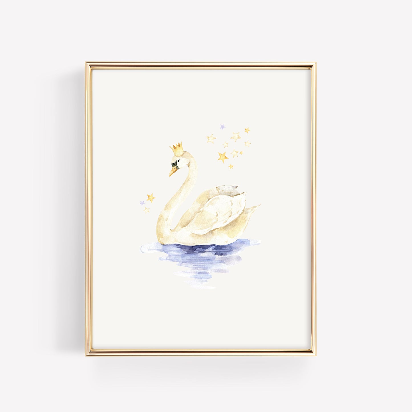 Graceful watercolor swan print wearing a small gold crown, floating on soft water with delicate star dust details.