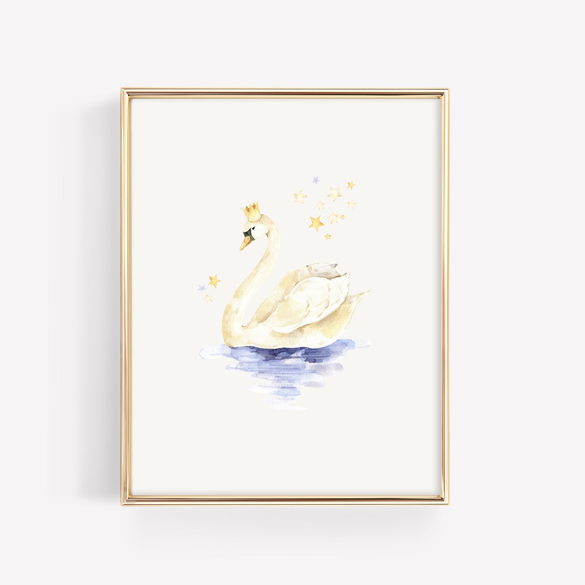 Graceful watercolor swan print wearing a small gold crown, floating on soft water with delicate star dust details.