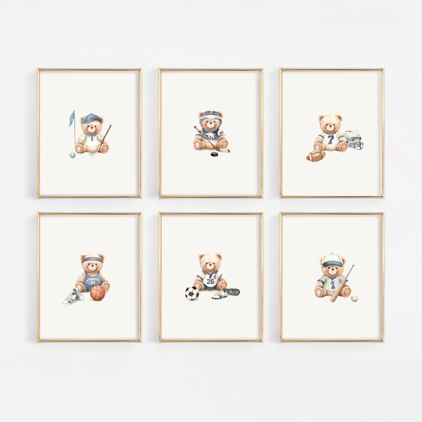 Complete 6-piece gallery wall set of vintage watercolor sports teddy bear nursery prints featuring baseball, football, golf, basketball, soccer, and hockey bears in slate blue and neutral tones.