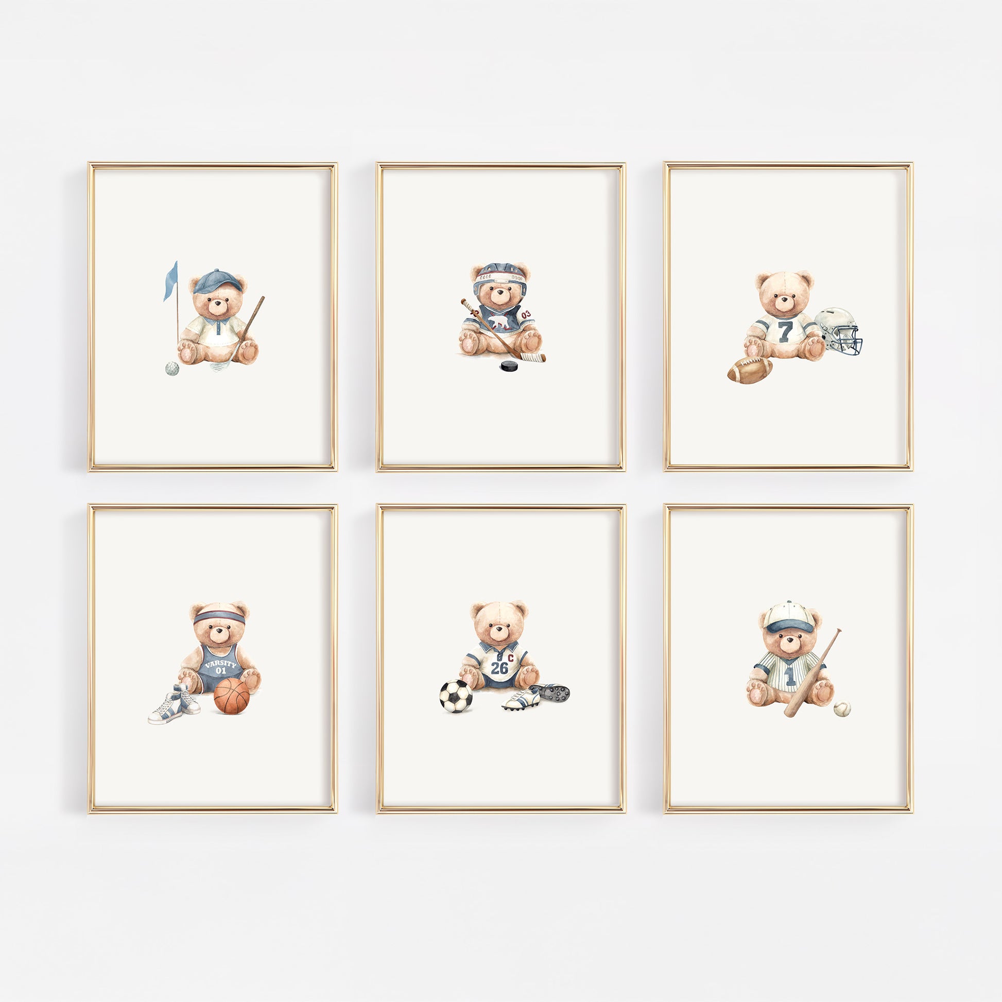Complete 6-piece gallery wall set of vintage watercolor sports teddy bear nursery prints featuring baseball, football, golf, basketball, soccer, and hockey bears in slate blue and neutral tones.