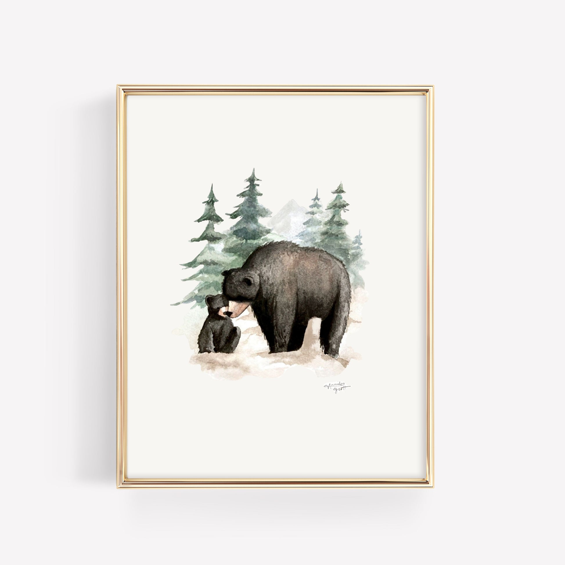 Framed artwork of a mommy and baby bear cub in a forest setting on a white background