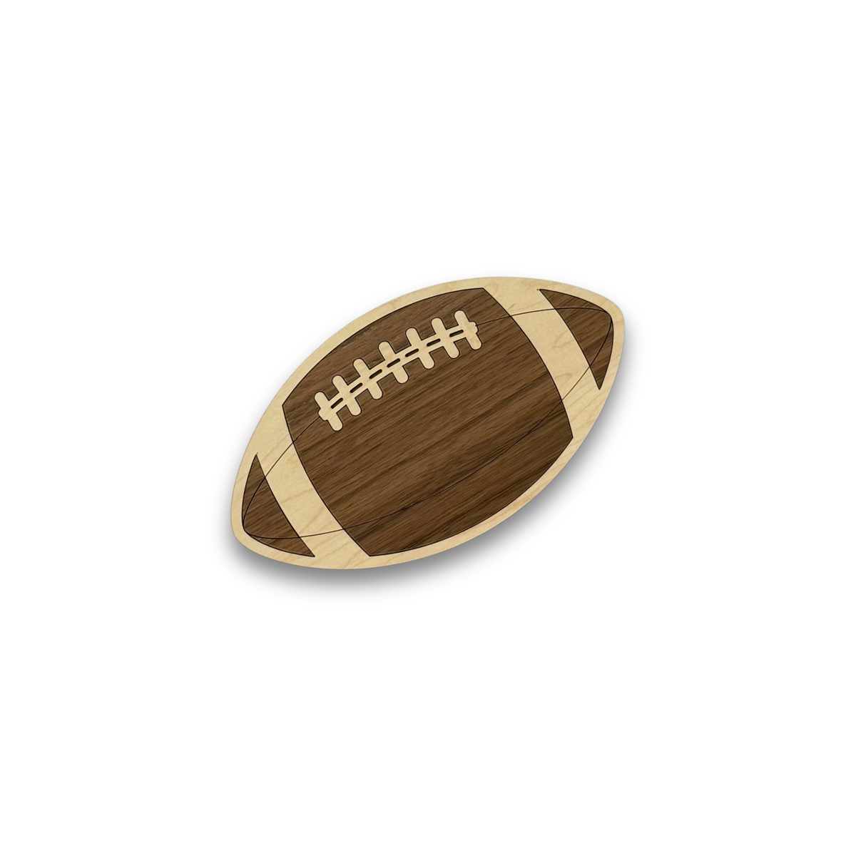 A football-shaped wooden nursery decor with a dark brown wood grain center and light natural wood borders, featuring a detailed football laces design, shown on a plain white background.