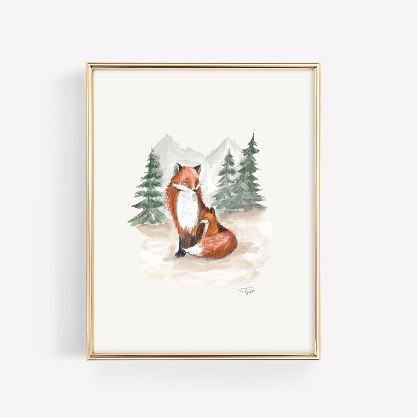 Framed artwork of a fox and baby fox cub in a mountain setting.