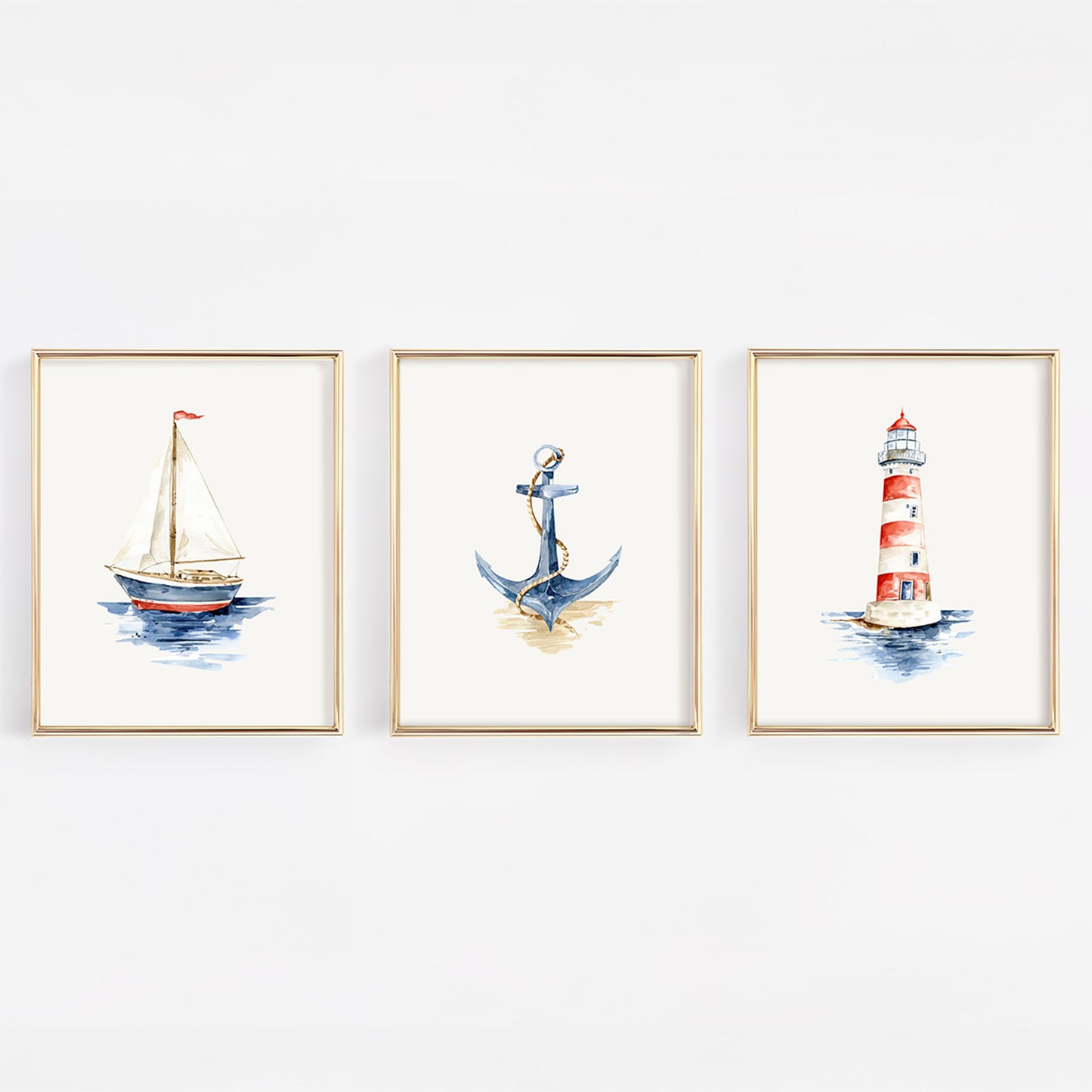 Nautical Nursery Wall Art Prints (Set of 3) | Lighthouse, Sailboat & Anchor