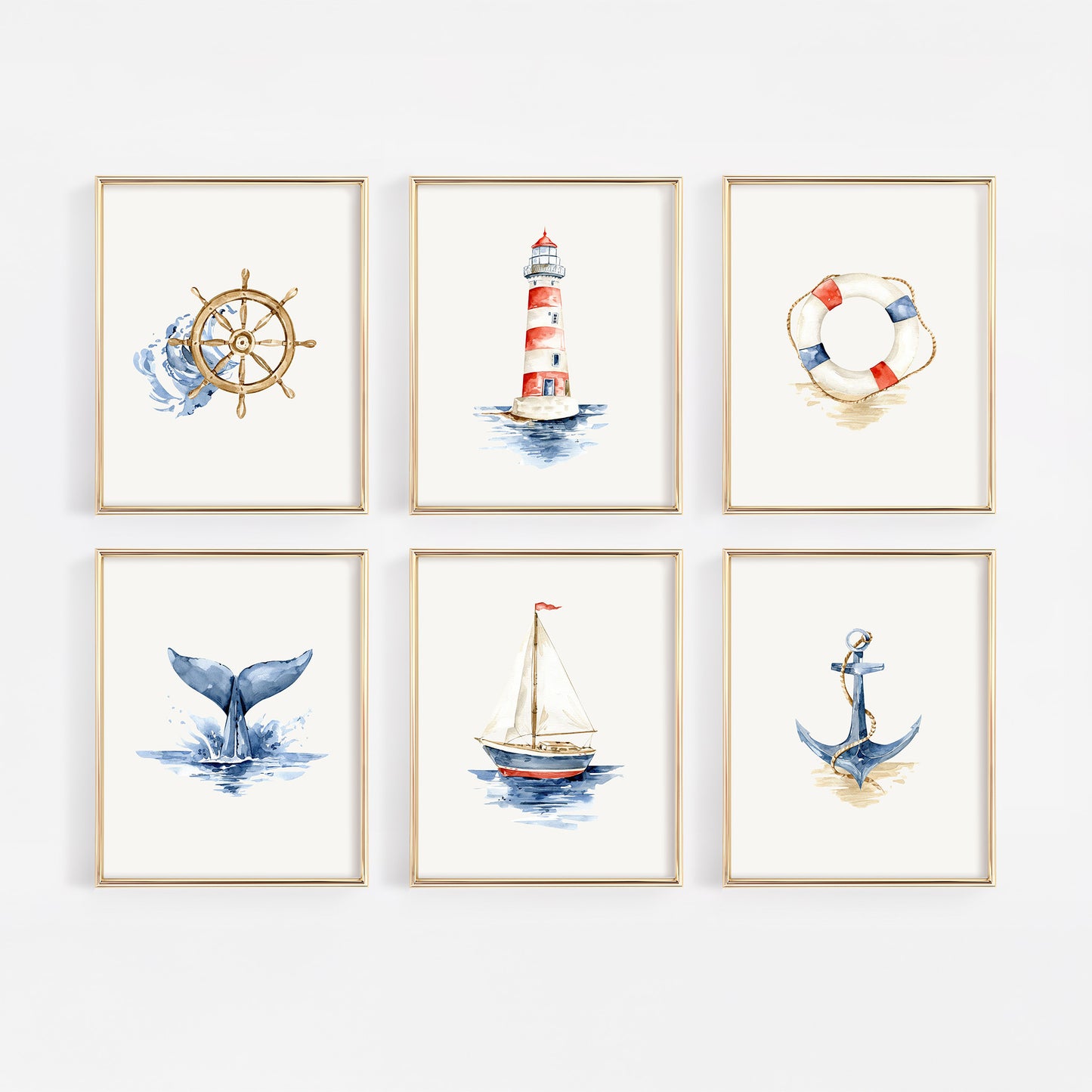 Nautical Nursery Wall Art Prints (Set of 6) | Watercolor Coastal Collection