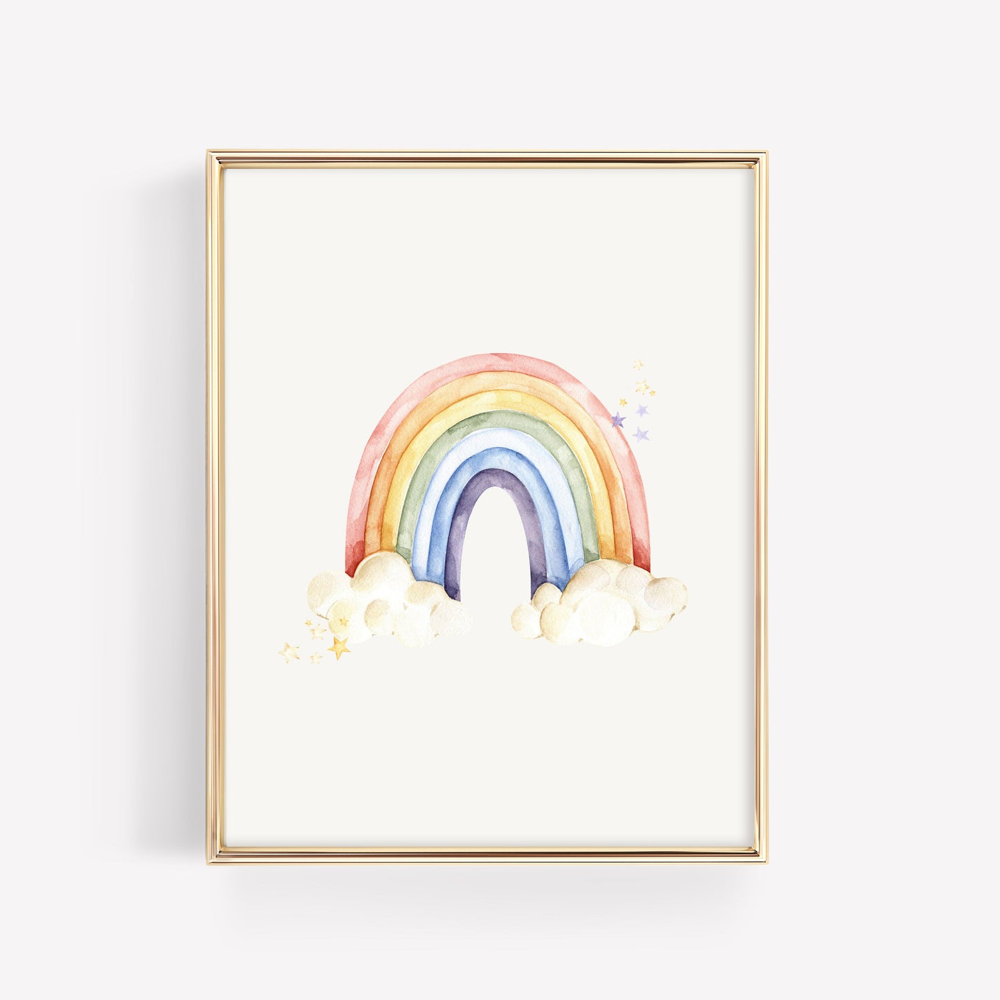 A framed watercolor-style rainbow art print with soft pastel bands in pink, orange, yellow, green, blue, and purple, plus white clouds at the bottom, shown in a thin gold frame against a light off-white background.