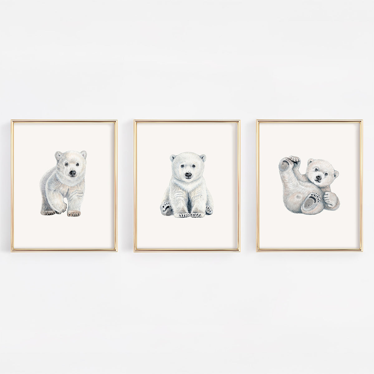 A set of three framed heirloom nursery art prints on a white wall, featuring realistic watercolor and pencil sketches of polar bear cubs in walking, sitting, and playful rolling poses.