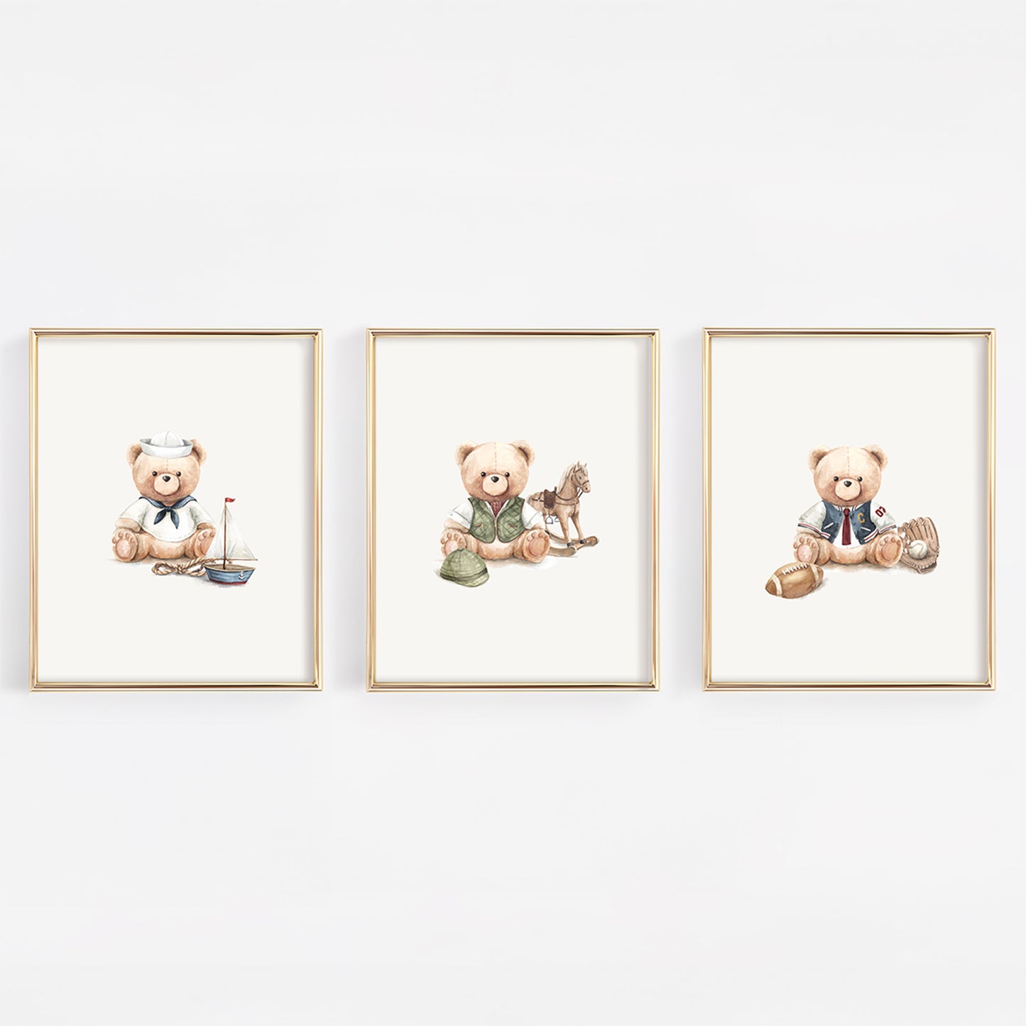 A 3-print set of preppy vintage teddy bear nursery wall art by 243 Baby, featuring a classic nautical sailor bear, a dapper heritage equestrian bear, and an Ivy League varsity sports bear.