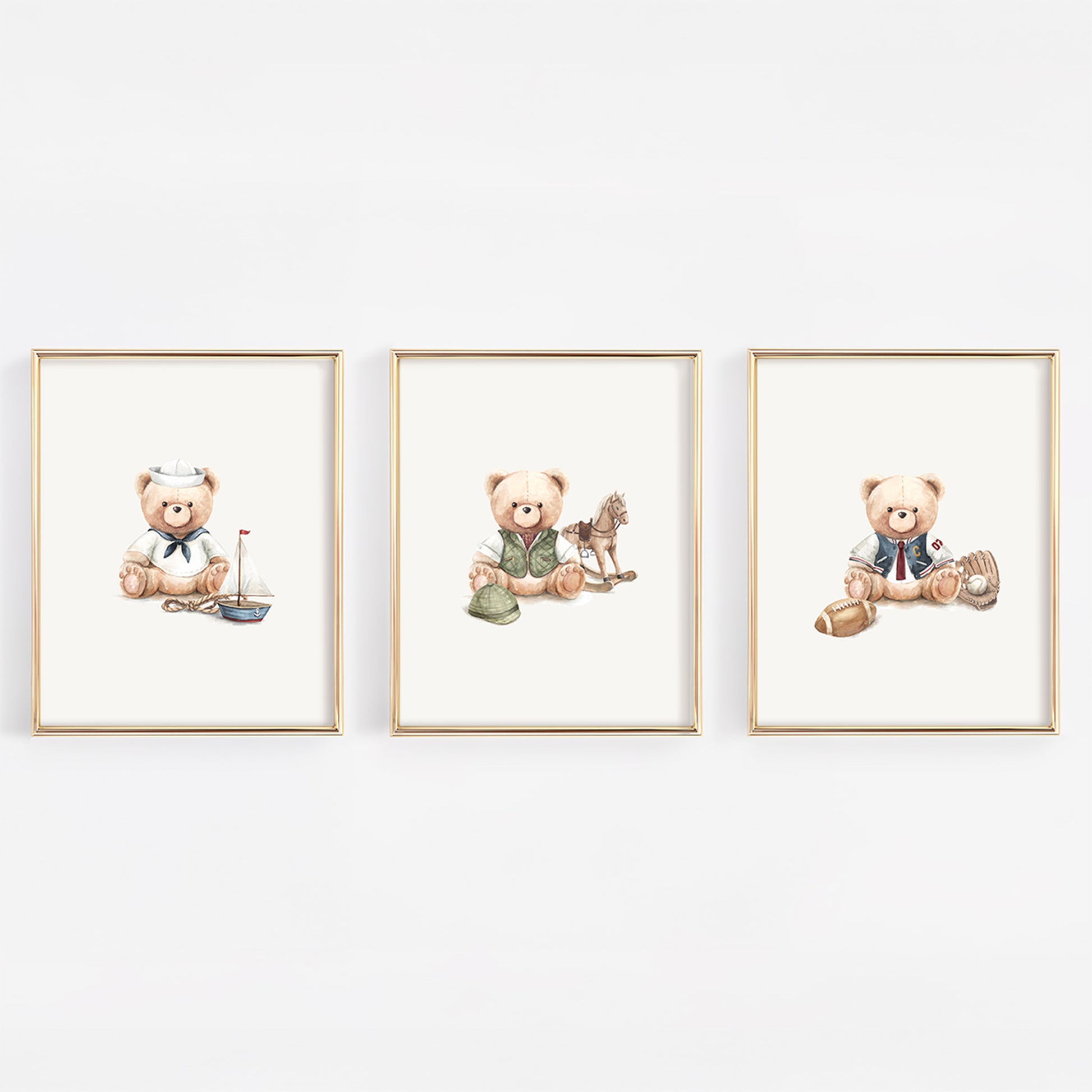 A 3-print set of preppy vintage teddy bear nursery wall art by 243 Baby, featuring a classic nautical sailor bear, a dapper heritage equestrian bear, and an Ivy League varsity sports bear.