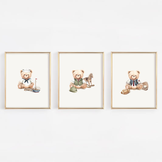 A 3-print set of preppy vintage teddy bear nursery wall art by 243 Baby, featuring a classic nautical sailor bear, a dapper heritage equestrian bear, and an Ivy League varsity sports bear.