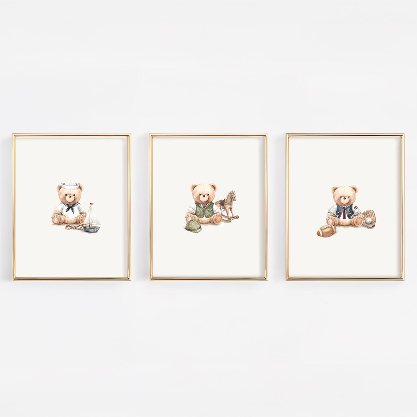 Set of 3 vintage transportation teddy bear watercolor prints featuring a sailor, equestrian, or varsity for boy nursery gallery wall.