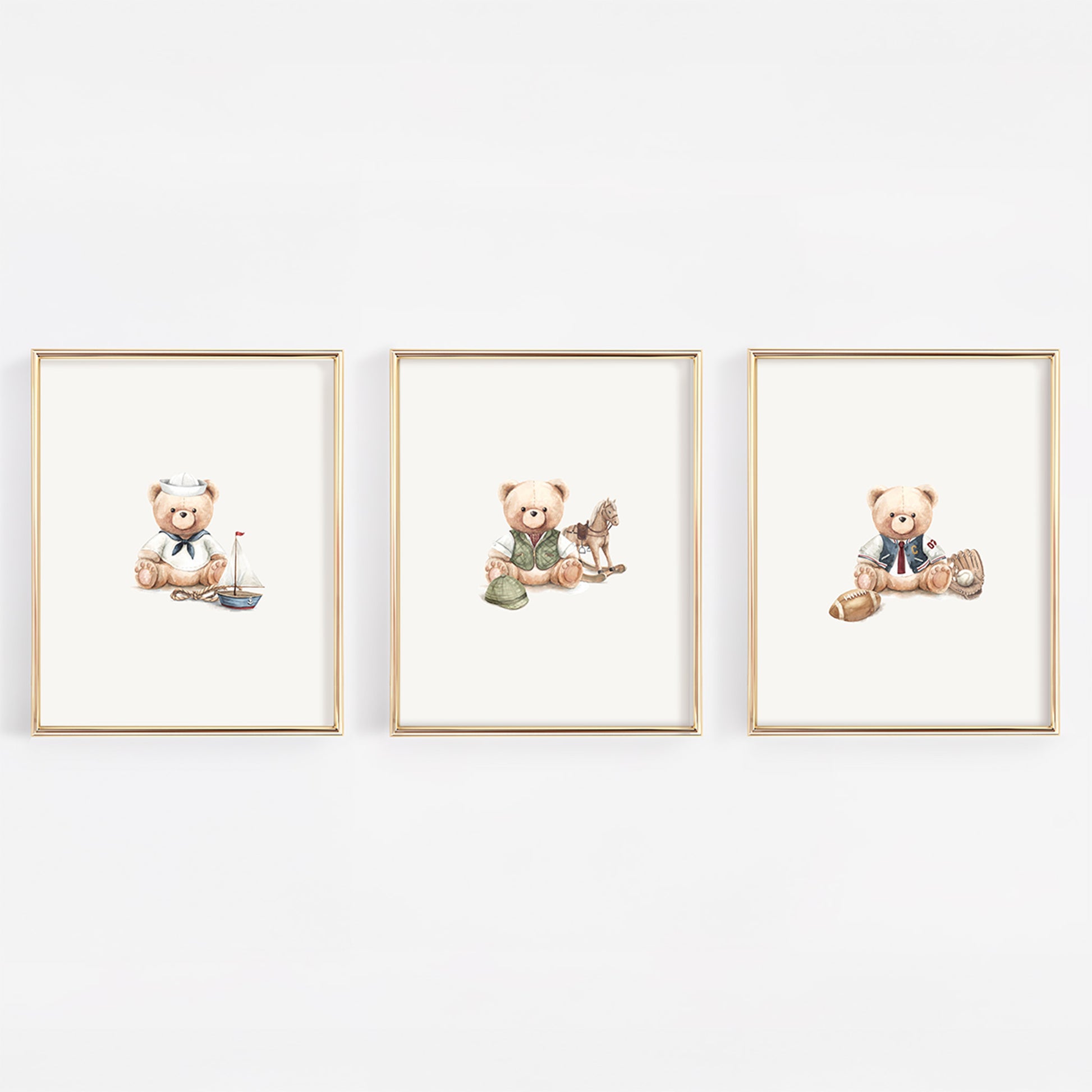 Set of 3 vintage transportation teddy bear watercolor prints featuring a sailor, equestrian, or varsity for boy nursery gallery wall.