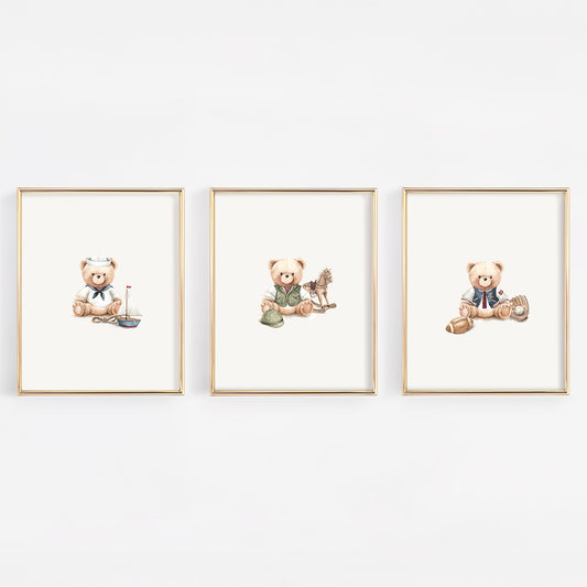 Set of 3 vintage transportation teddy bear watercolor prints featuring a sailor, equestrian, or varsity for boy nursery gallery wall.