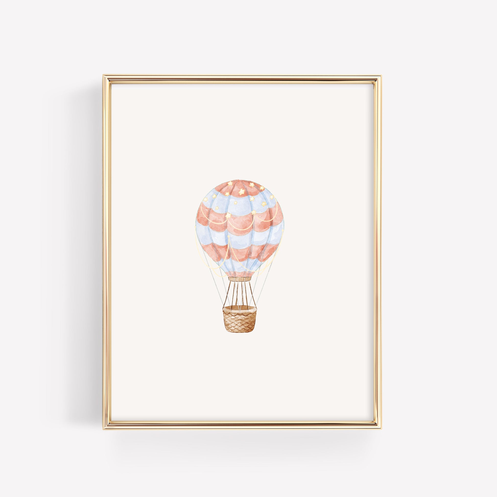 Single watercolor hot air balloon nursery print in light blue with red details, coordinating piece for a 3-piece adventure nursery wall art set.