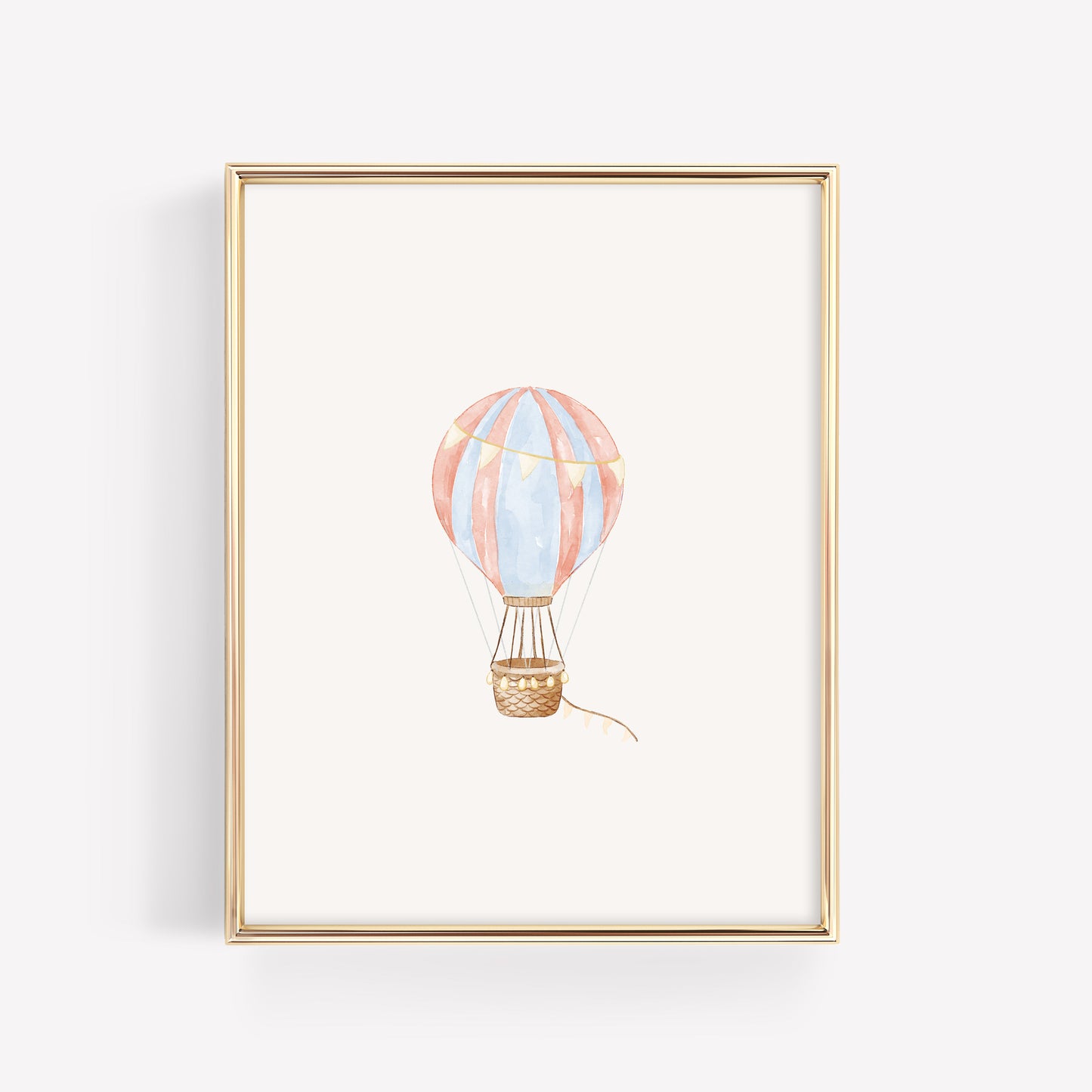 Individual watercolor hot air balloon nursery print with red and white patterns and blue accents, classic adventure themed wall art for a baby's room.