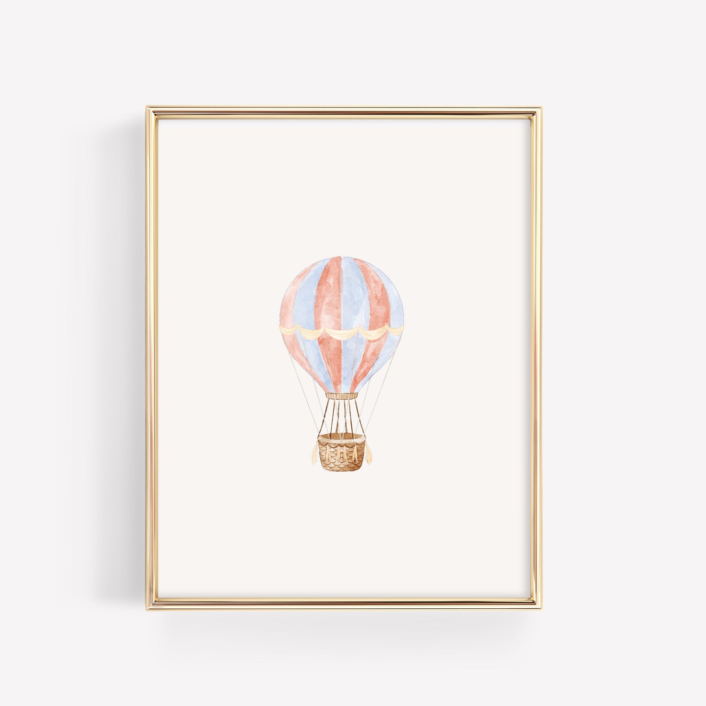 Watercolor hot air balloon nursery art featuring a mix of red, blue, and soft neutral tones, part of a set of 3 coordinated watercolor prints for a baby room.