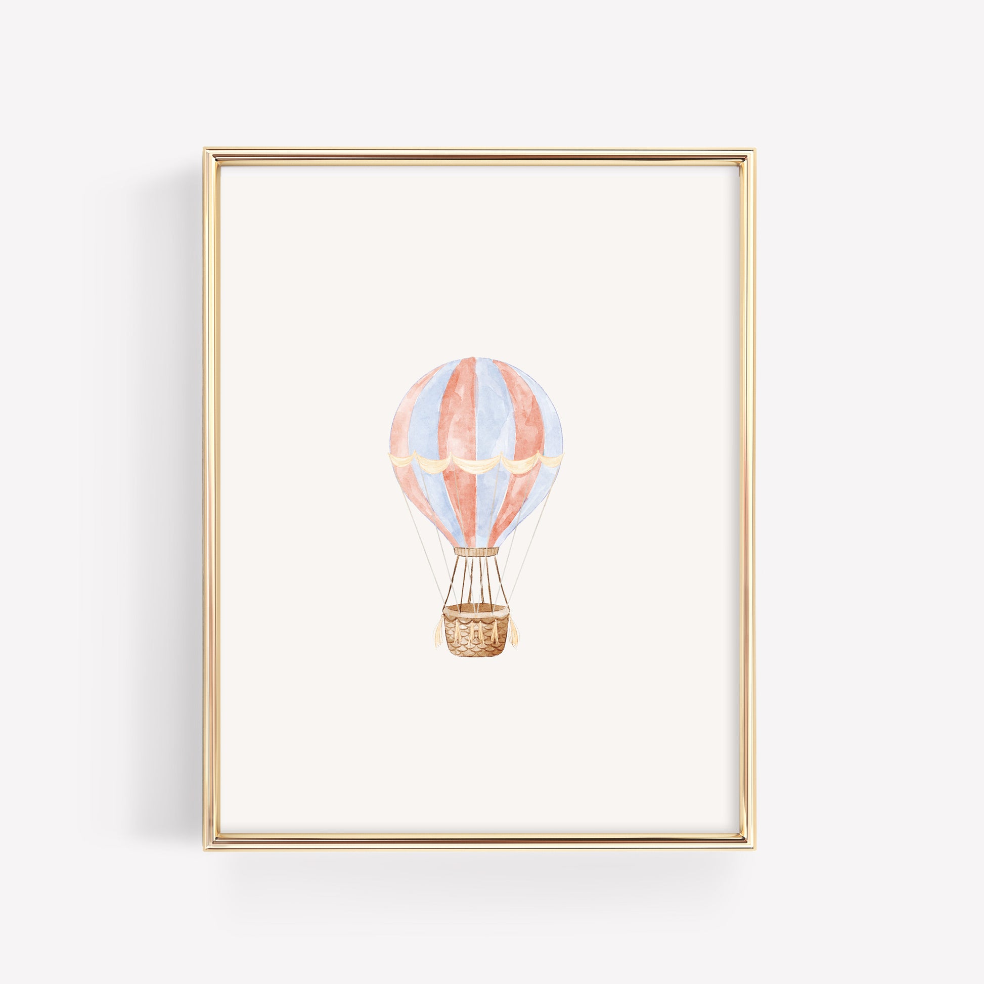 Watercolor hot air balloon nursery art featuring a mix of red, blue, and soft neutral tones, part of a set of 3 coordinated watercolor prints for a baby room.