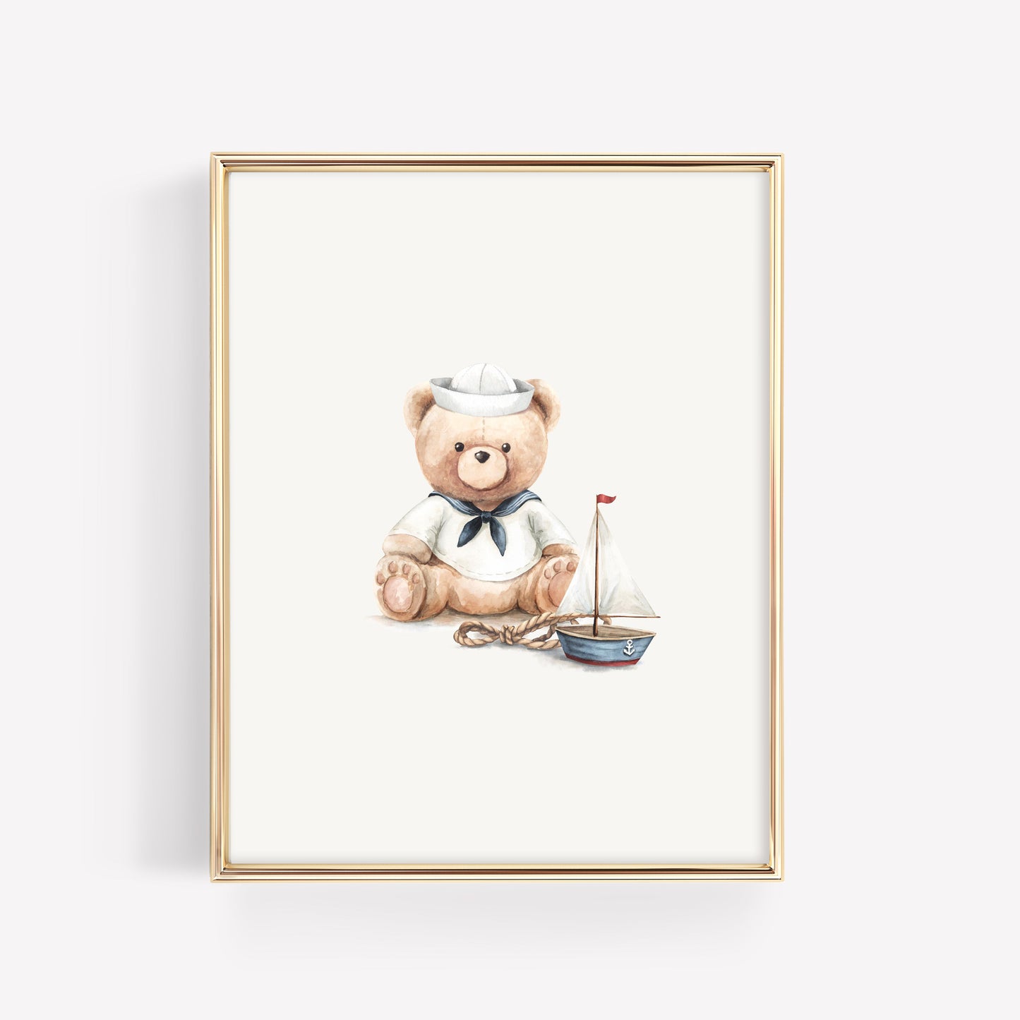 Vintage watercolor illustration of a classic sailor teddy bear wearing a navy blue and white sailor suit next to a toy sailboat, luxury baby boy nursery wall art decor.