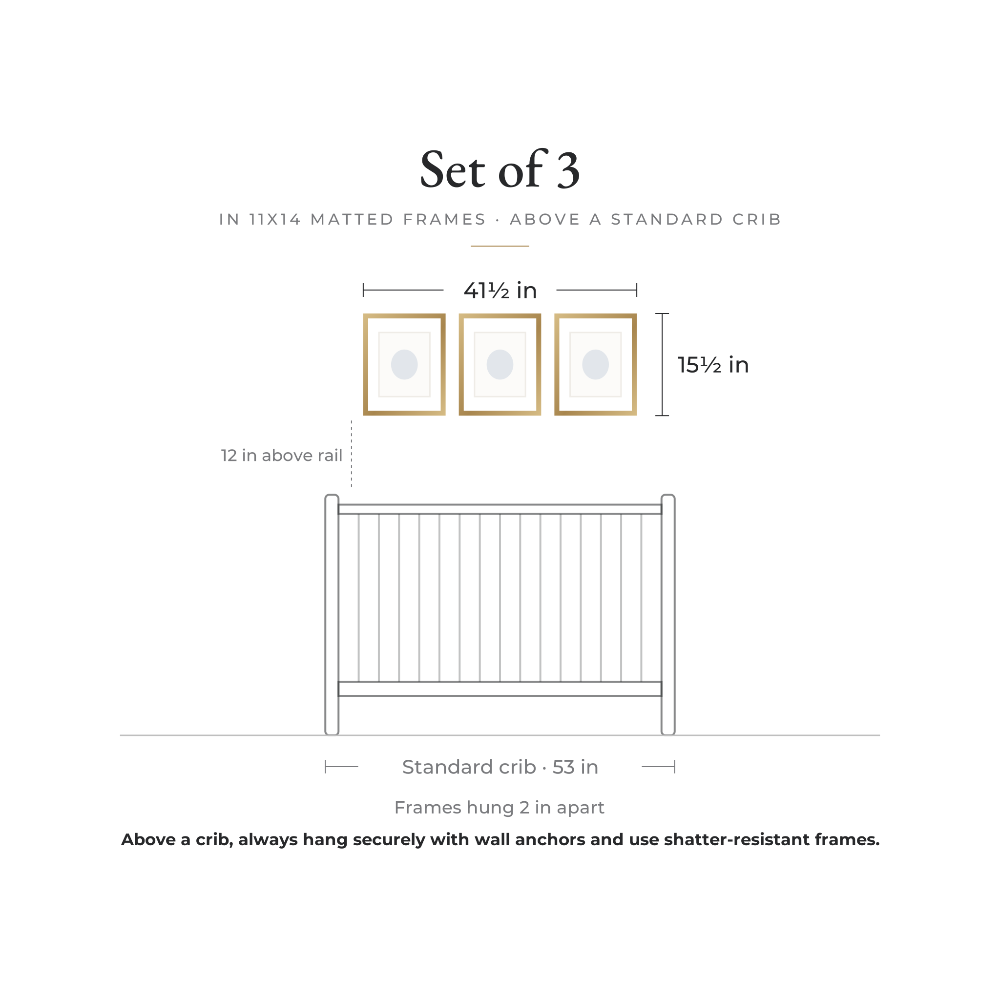 Size guide: Set of 3 prints in 11x14 matted frames, 41½ × 15½ in overall