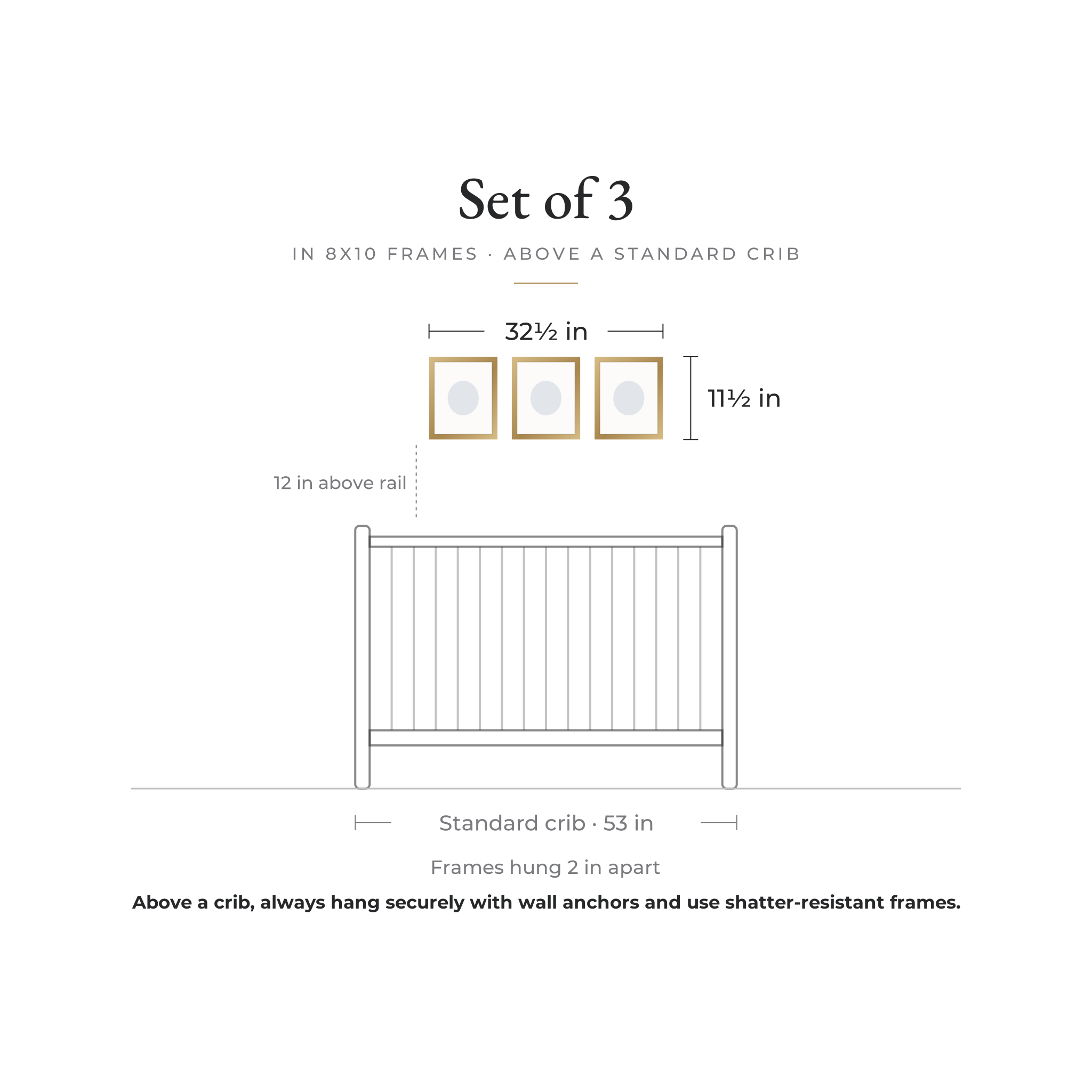 Size guide: Set of 3 prints in 8x10 frames above a standard crib, 32½ × 11½ in overall