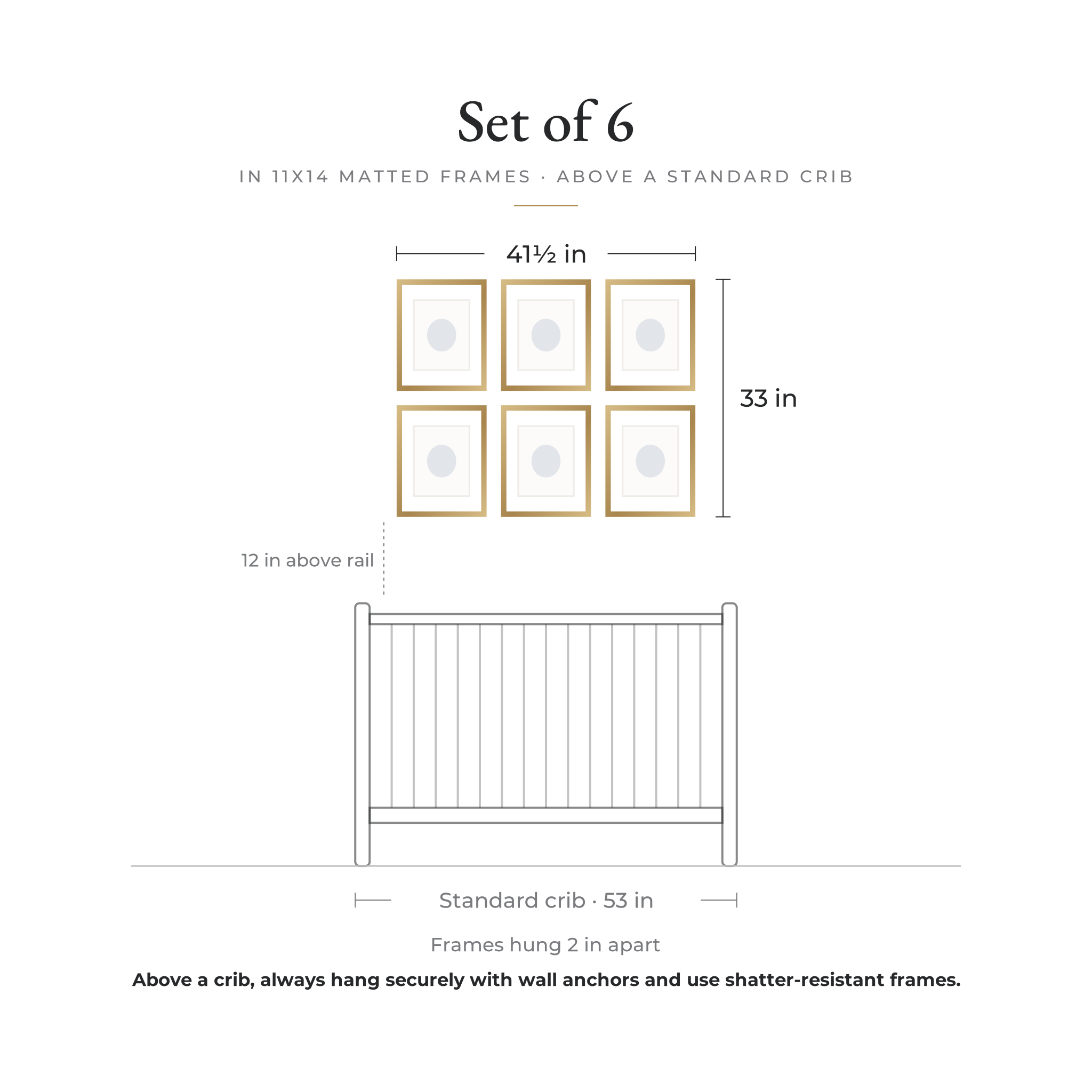 Size guide: Set of 6 prints in 11x14 matted frames, 41½ × 33 in overall