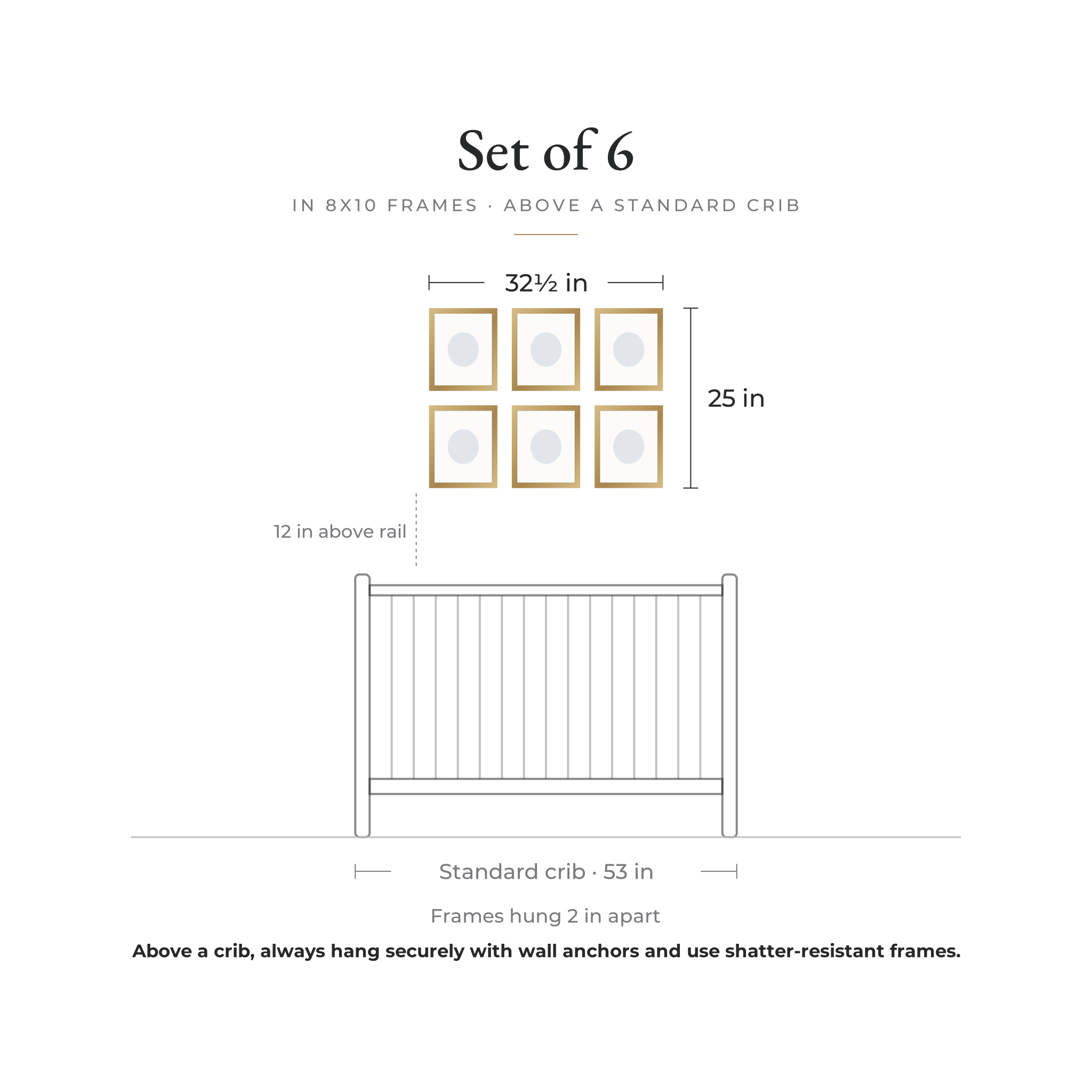 Size guide: Set of 6 prints in 8x10 frames above a standard crib, 32½ × 25 in overall