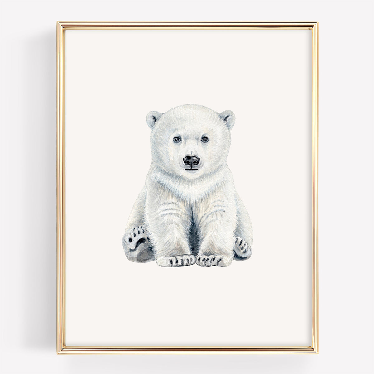 Fine art nursery print featuring a custom watercolor and pencil sketch of a sitting polar bear cub facing forward with a gentle expression.