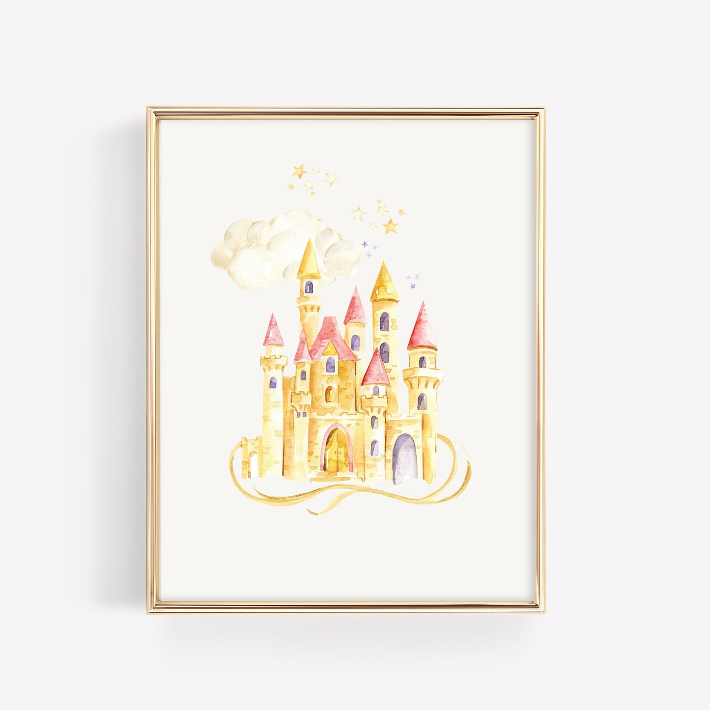A framed watercolor art print of a whimsical golden castle with pink roofs, white clouds, and stars, enclosed in a thin gold frame against a white background.

Pastel fairytale storybook castle watercolor illustration with soft blush pink turrets and gold star accents for a luxury nursery.