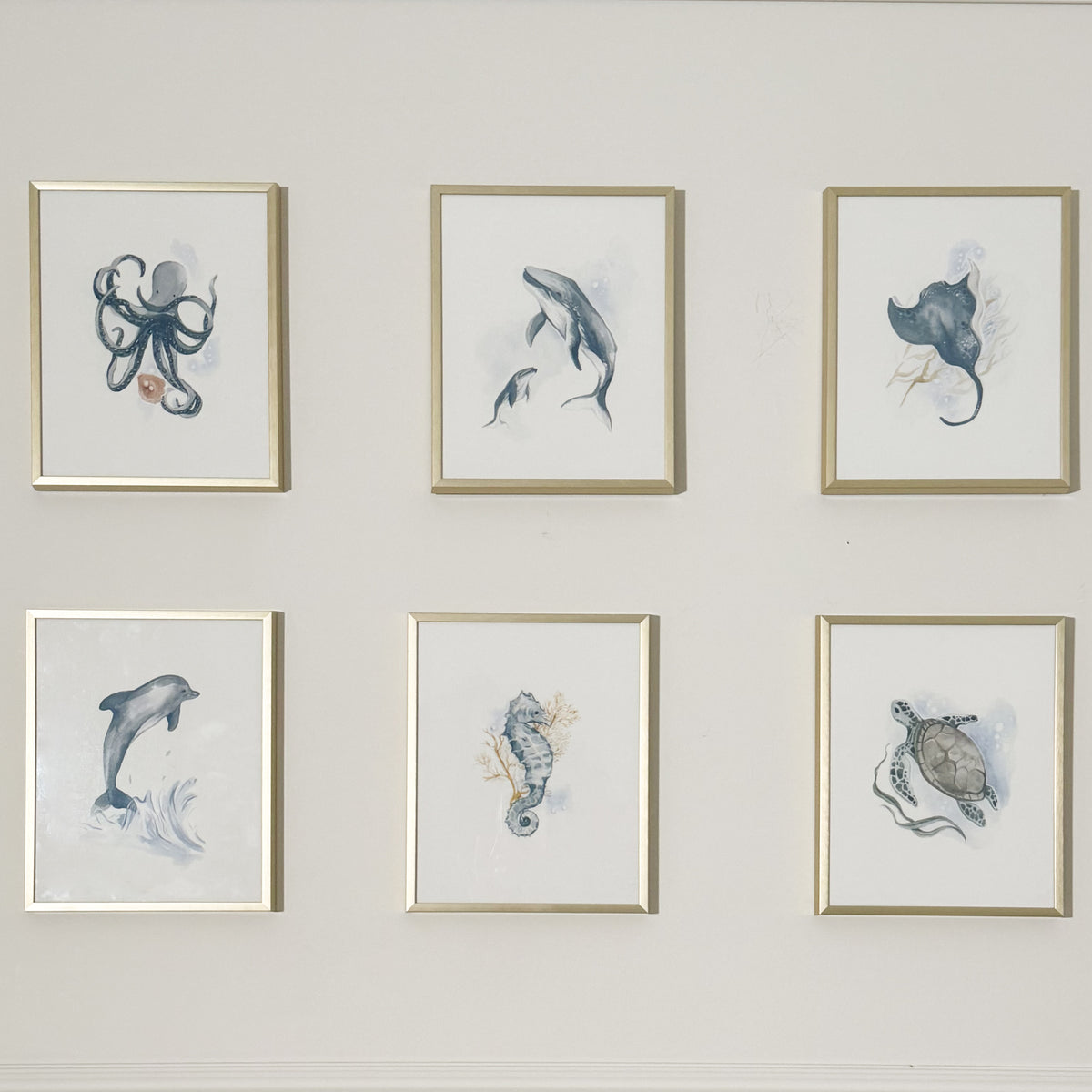 Six framed watercolor animal art prints arranged in a 2x3 grid on a light beige wall. The prints depict an octopus, dolphins, a ray, a dolphin, a seahorse, and a turtle in soft blue-gray and gray tones with gold frames.