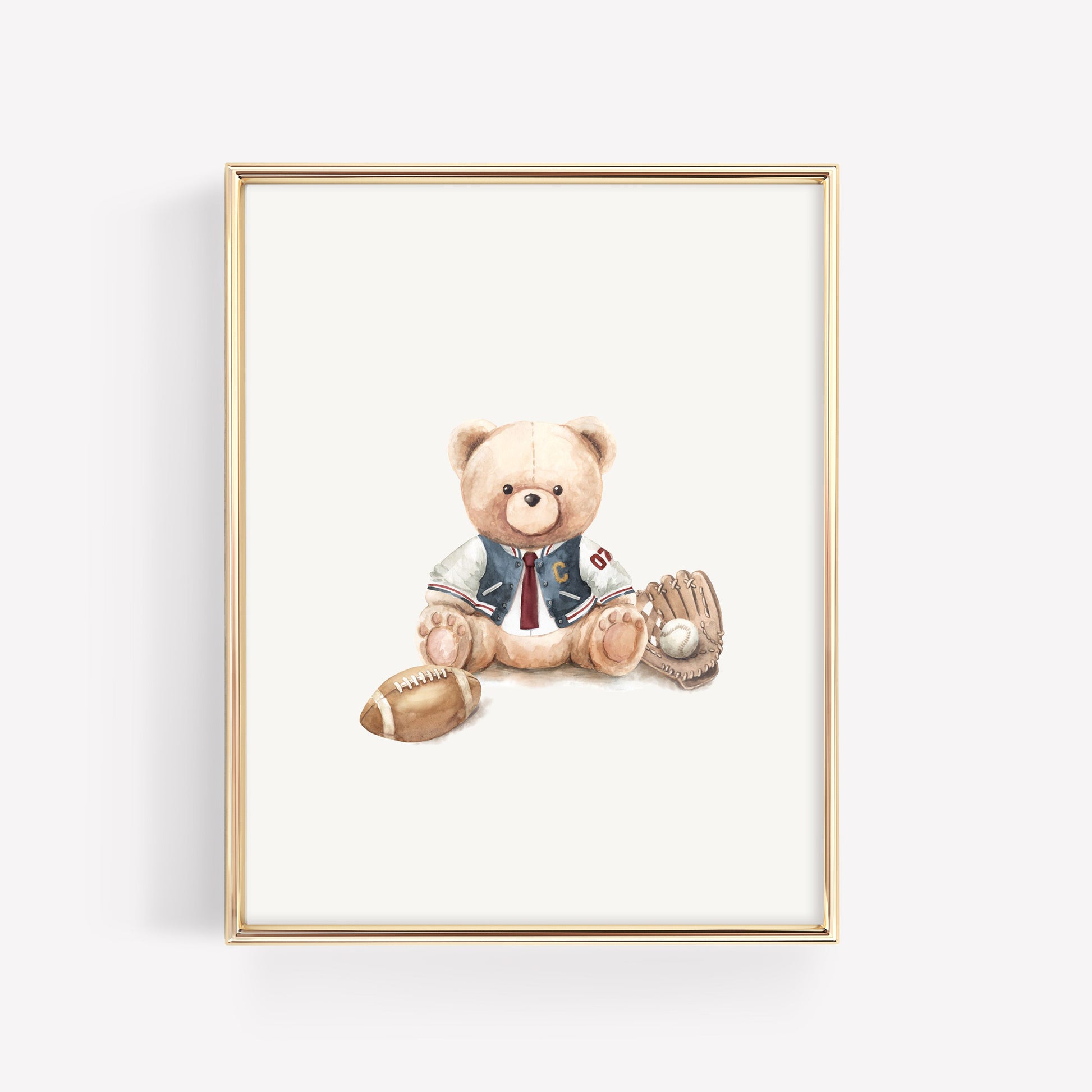 Preppy varsity jacket sports teddy bear watercolor art print, featuring a teddy bear wearing a navy blue letterman jacket over an Oxford button-down shirt and a burgundy flat-bottom knit tie.