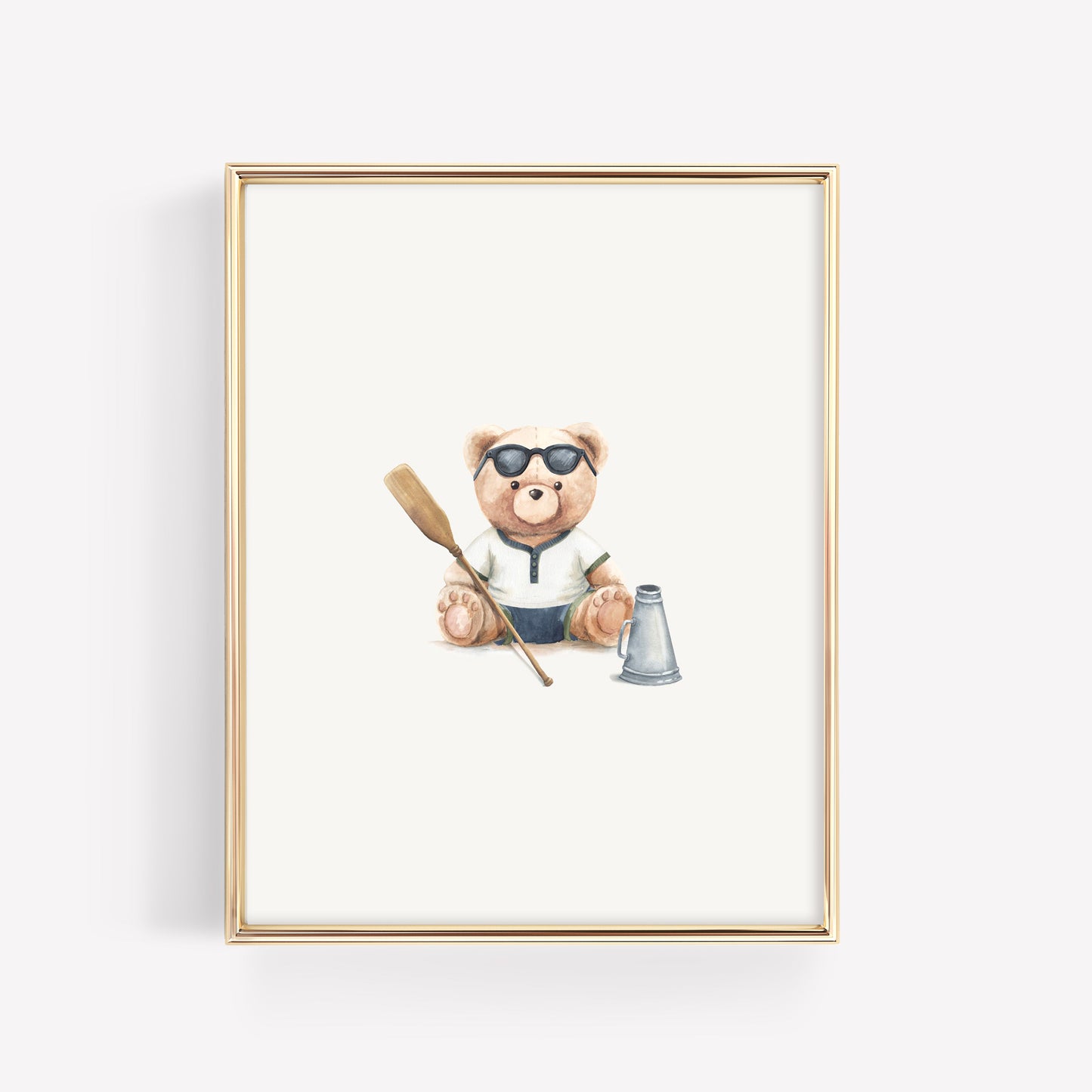 Vintage varsity teddy bear dressed in a classic crew rowing uniform holding a wooden oar watercolor art print for a preppy baby boy room or nursery gallery wall.