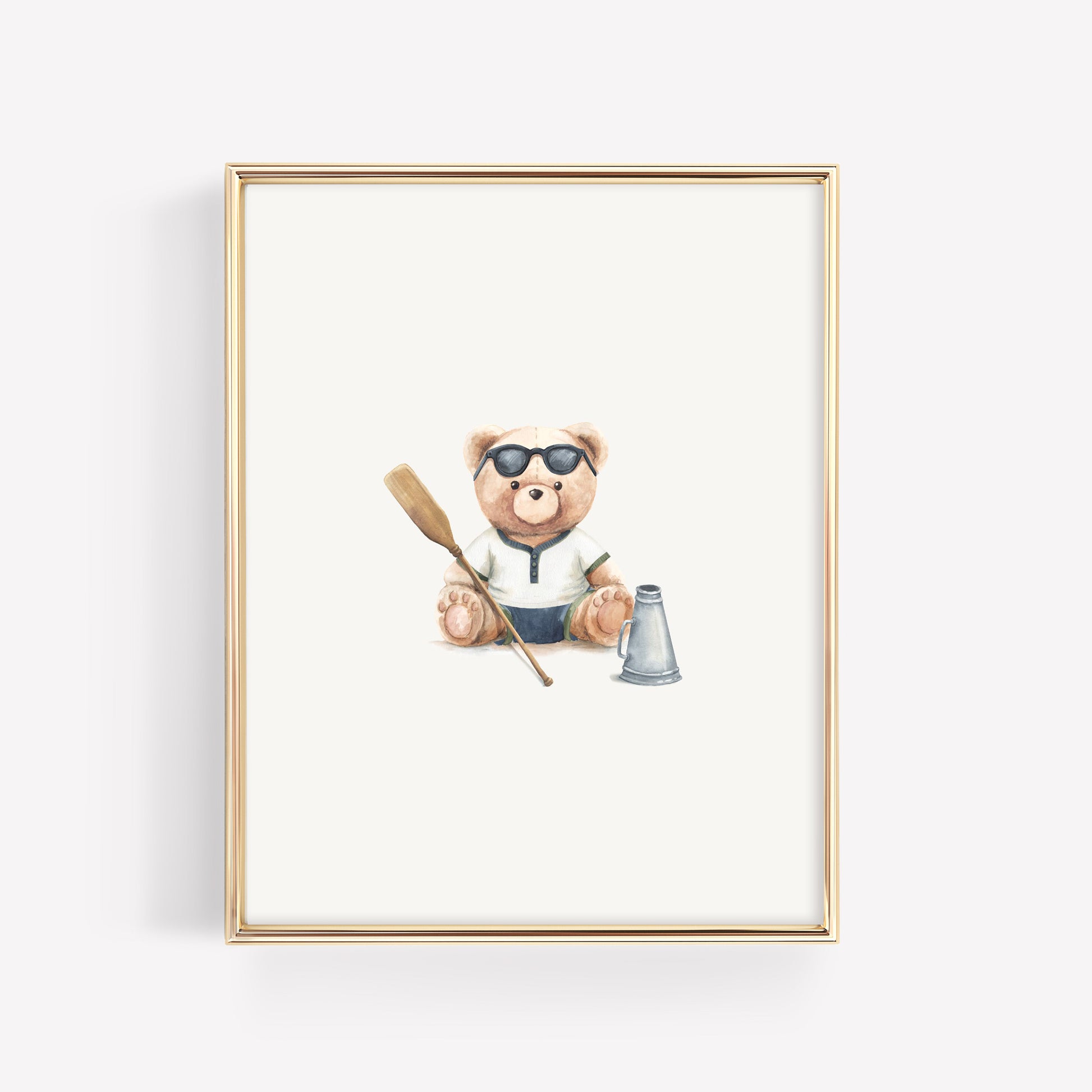 Vintage varsity teddy bear dressed in a classic crew rowing uniform holding a wooden oar watercolor art print for a preppy baby boy room or nursery gallery wall.