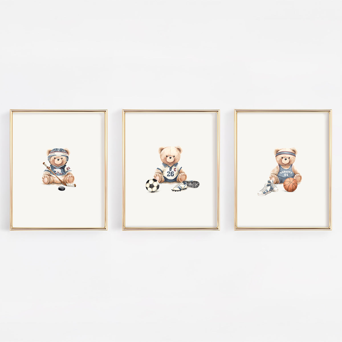 Little Sportsman Varsity Teddy Nursery Wall Art Prints | Set of 3 | Soccer, Basketball & Hockey