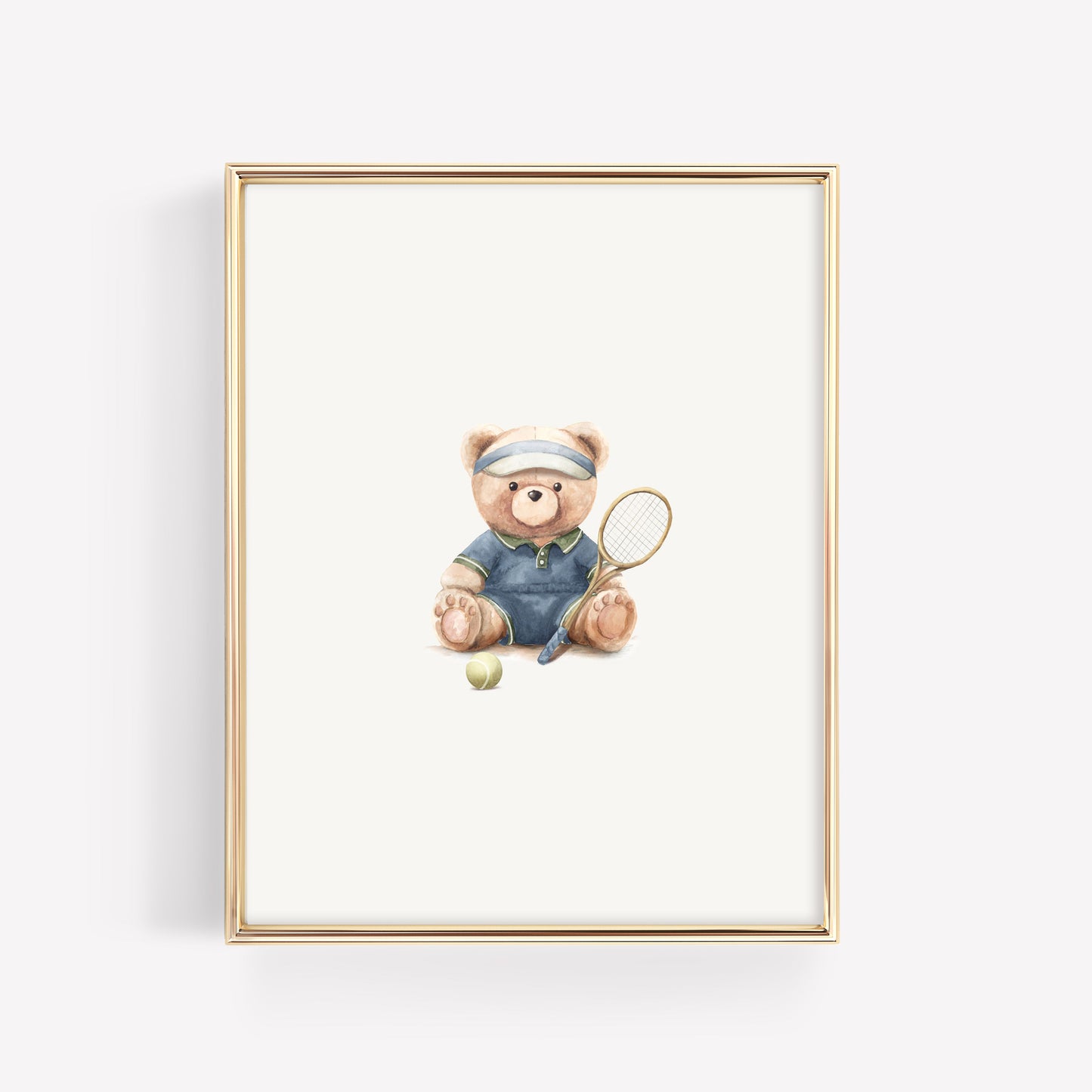 Vintage teddy bear wearing a white cable-knit varsity sweater holding a wooden tennis racket watercolor art print for a classic sports baby boy nursery.
