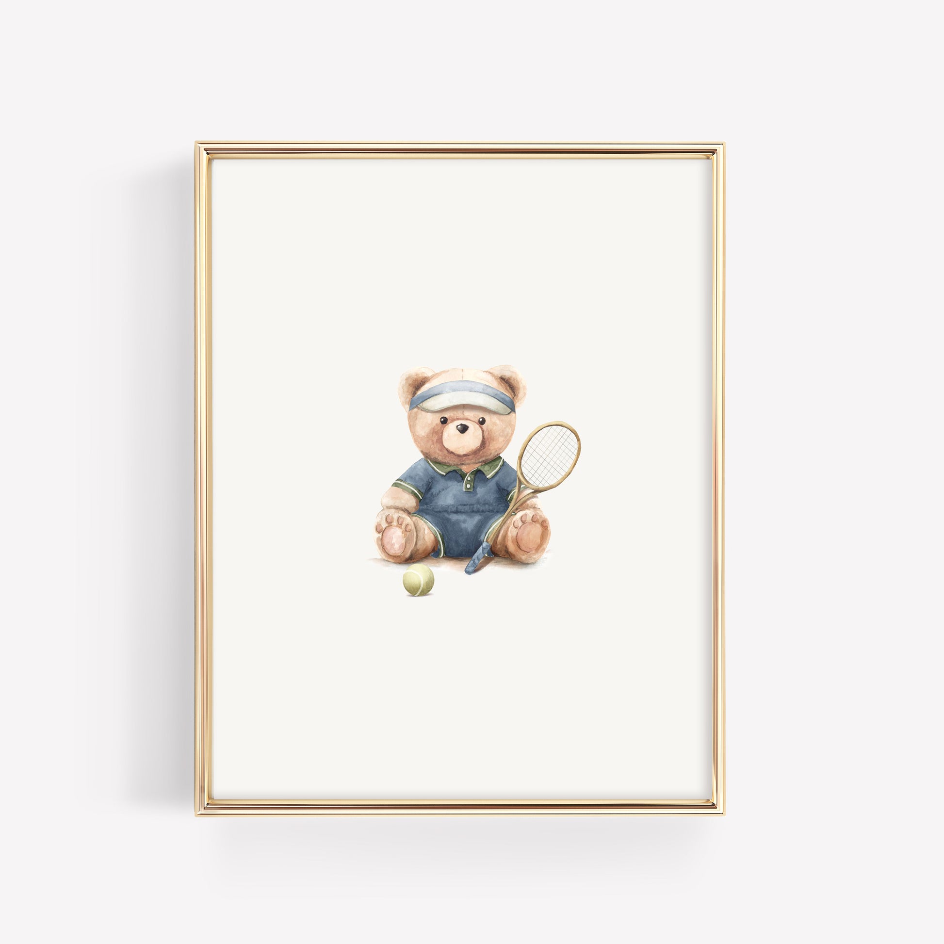 Vintage teddy bear wearing a white cable-knit varsity sweater holding a wooden tennis racket watercolor art print for a classic sports baby boy nursery.
