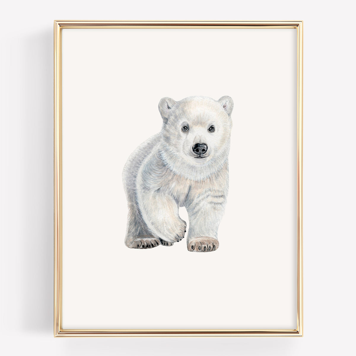 Fine art nursery print of a realistic watercolor polar bear cub walking forward, sketched in soft white and subtle gray tones.