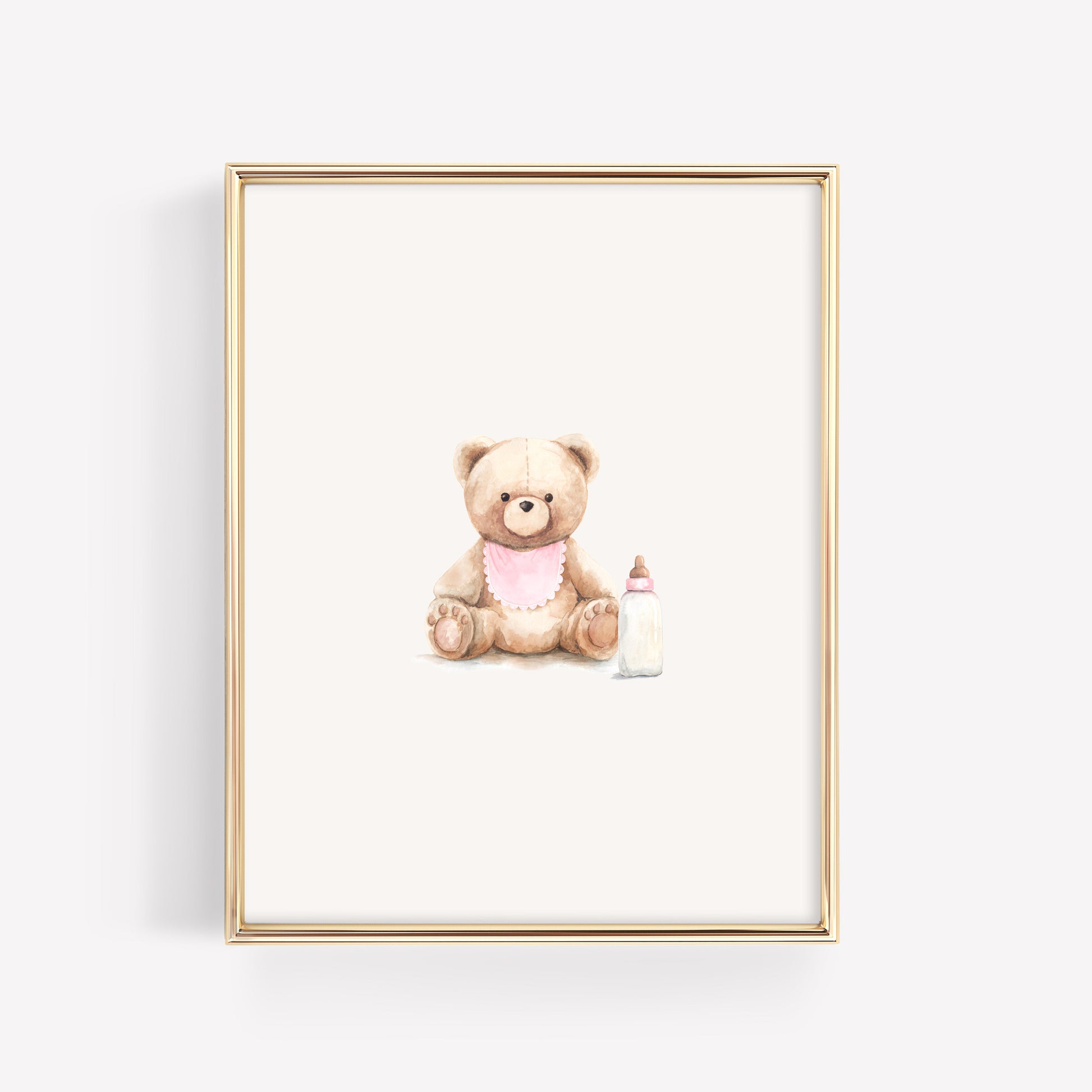Single watercolor blush pink teddy bear print featuring a baby bib and bottle, soft and elegant wall art for a classic baby girl nursery.