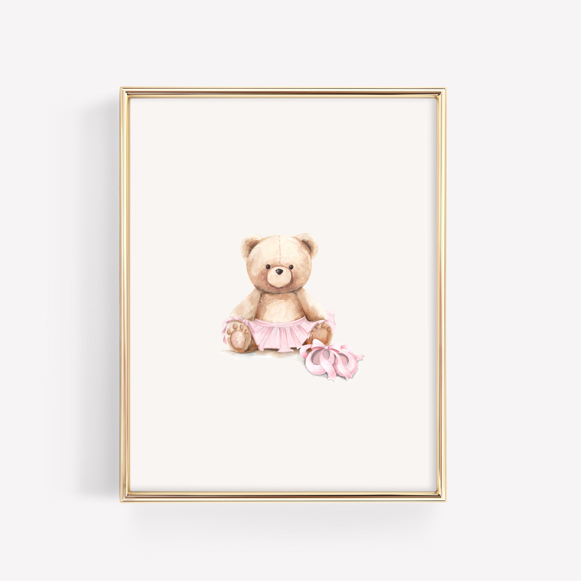 Watercolor blush pink ballerina teddy bear nursery print wearing a tutu and ballet slippers, whimsical girl's room wall decor.