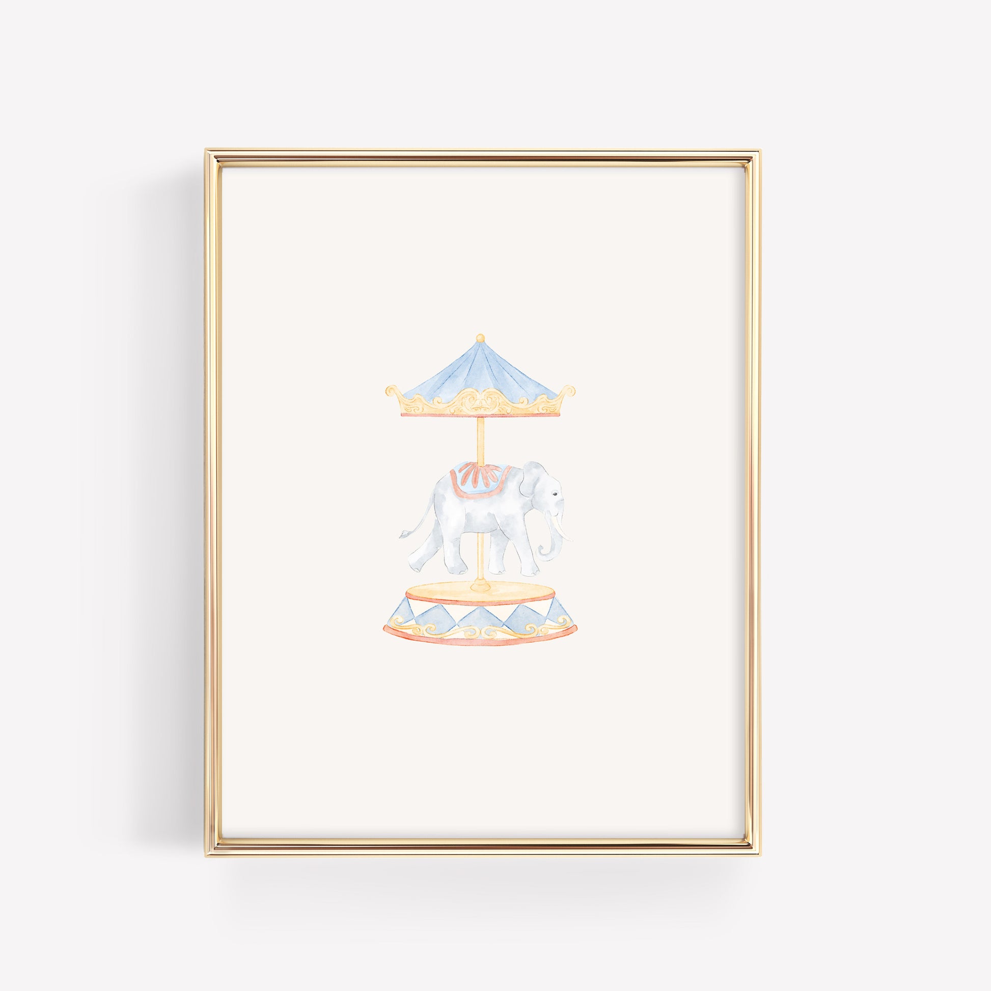 Single watercolor carousel elephant nursery wall art print with a decorative merry-go-round pole. Elegant blue and gold circus themed nursery decor for a baby boy or girl.