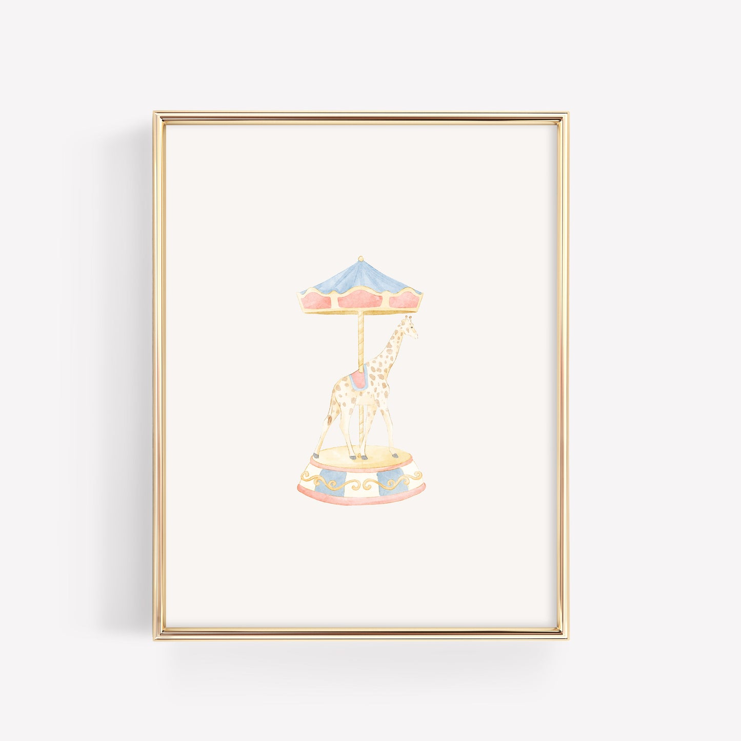 Framed artwork of a giraffe on a carousel with a gold frame on a white background