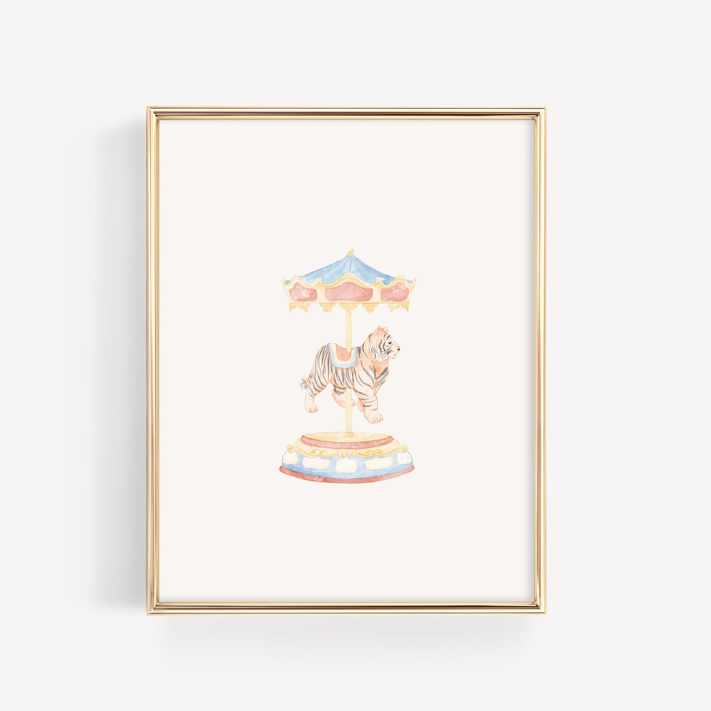 Individual watercolor carousel tiger nursery art print on a merry-go-round pole. Whimsical carnival themed baby room wall decor with soft gold and orange tones.