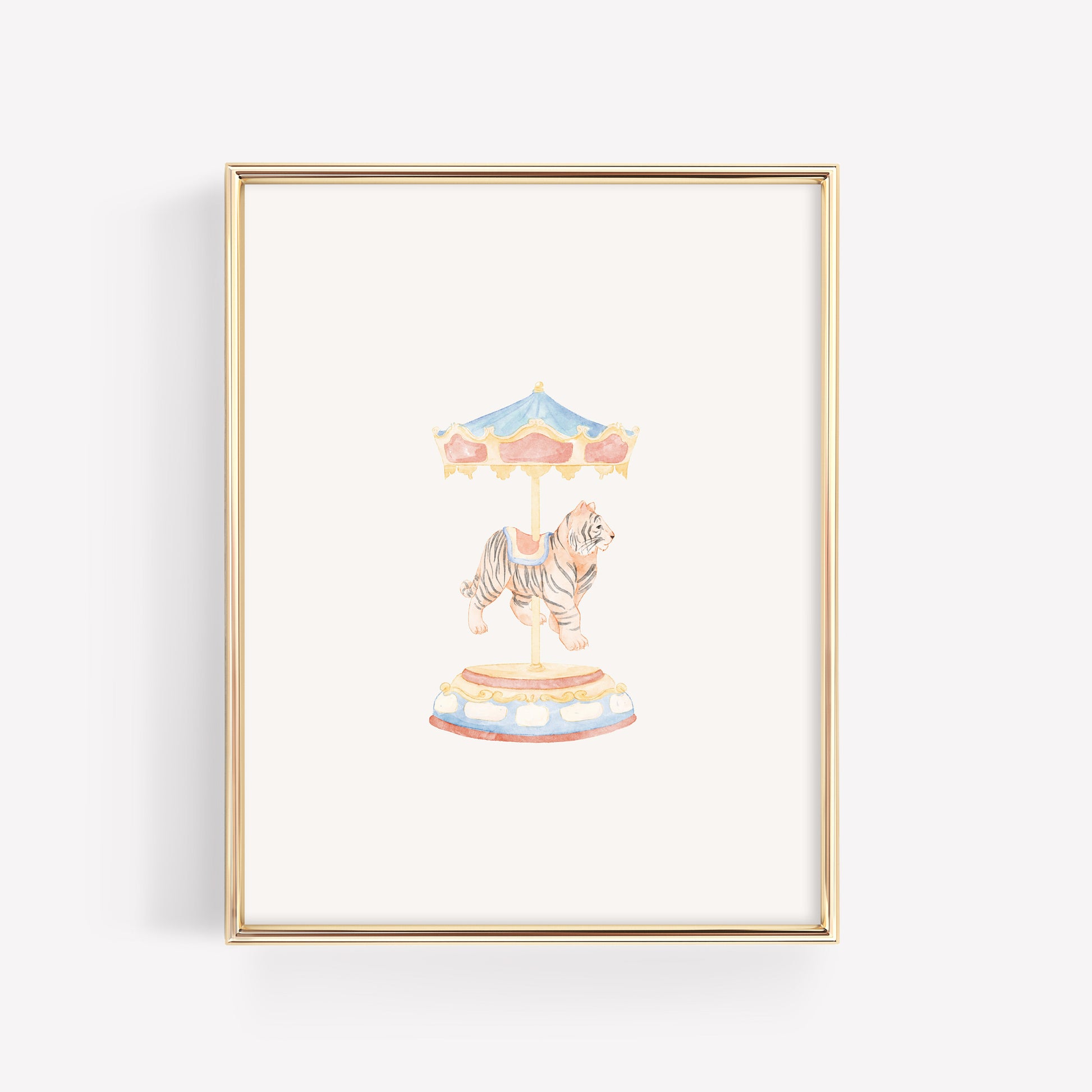 Individual watercolor carousel tiger nursery art print on a merry-go-round pole. Whimsical carnival themed baby room wall decor with soft gold and orange tones.