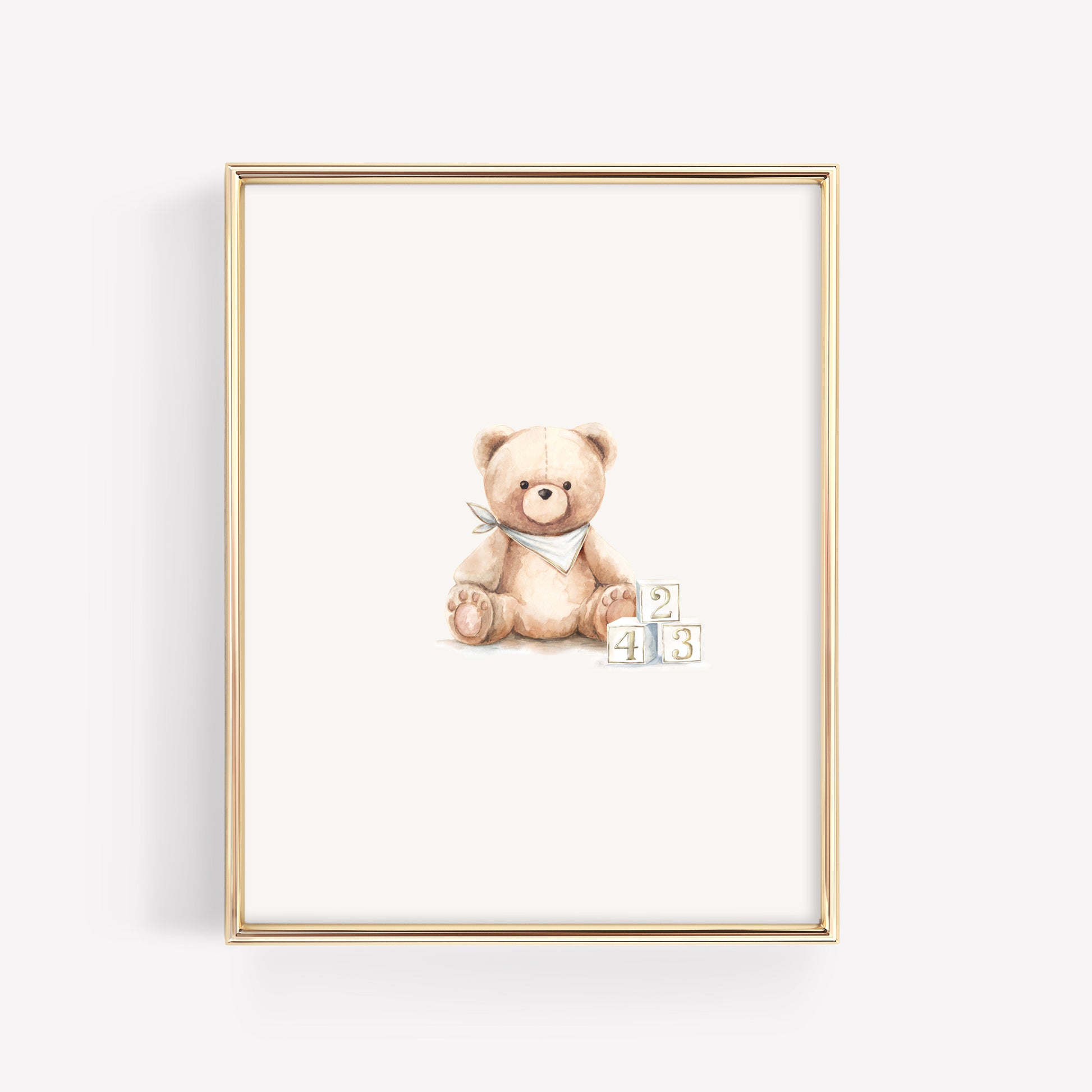 Individual watercolor frost grey teddy bear nursery print sitting with blue and silver baby blocks. Classic baby boy room wall decor.