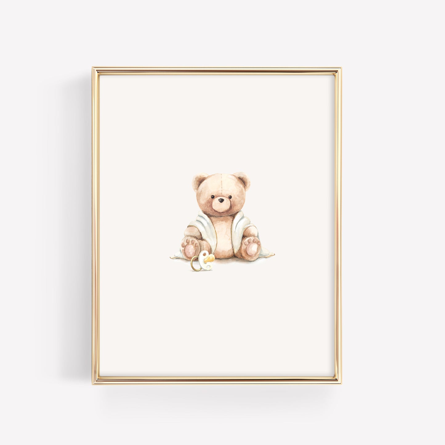 Watercolor frost grey teddy bear nursery wall art featuring a blue binky pacifier. Part of a coordinated 3-piece watercolor bear collection.