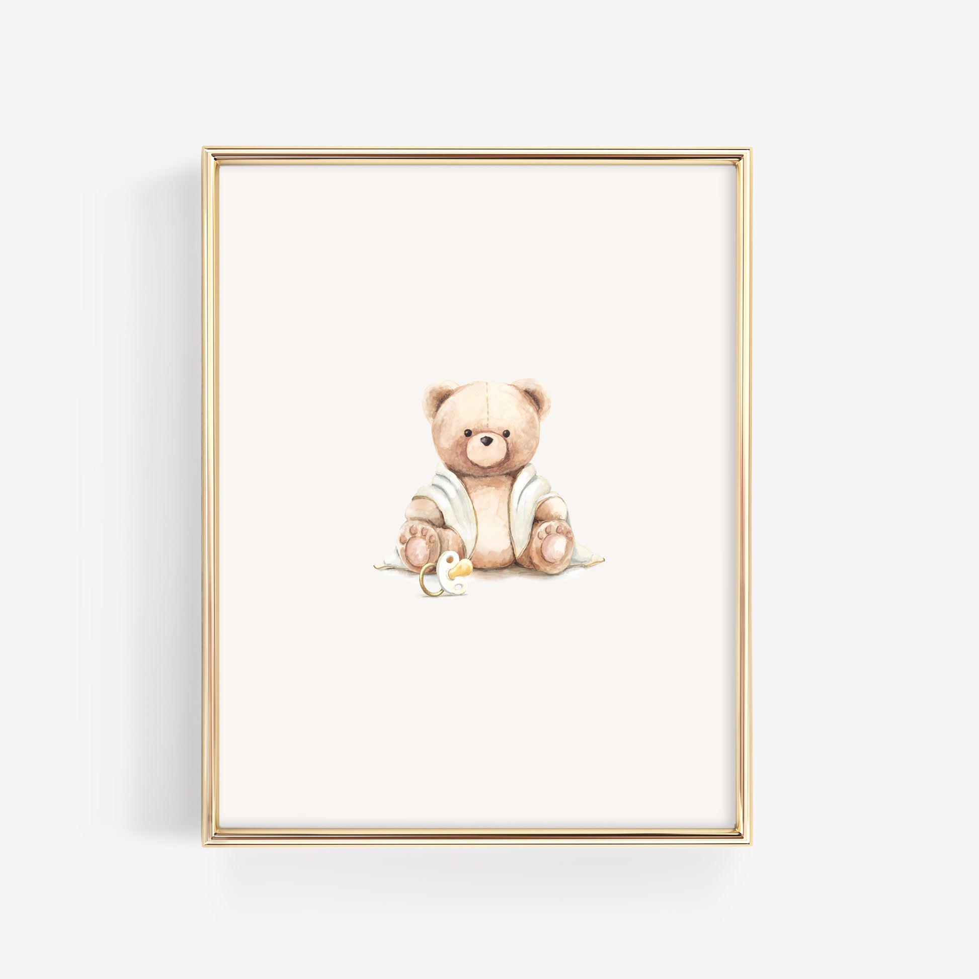 Watercolor frost grey teddy bear nursery wall art featuring a blue binky pacifier. Part of a coordinated 3-piece watercolor bear collection.