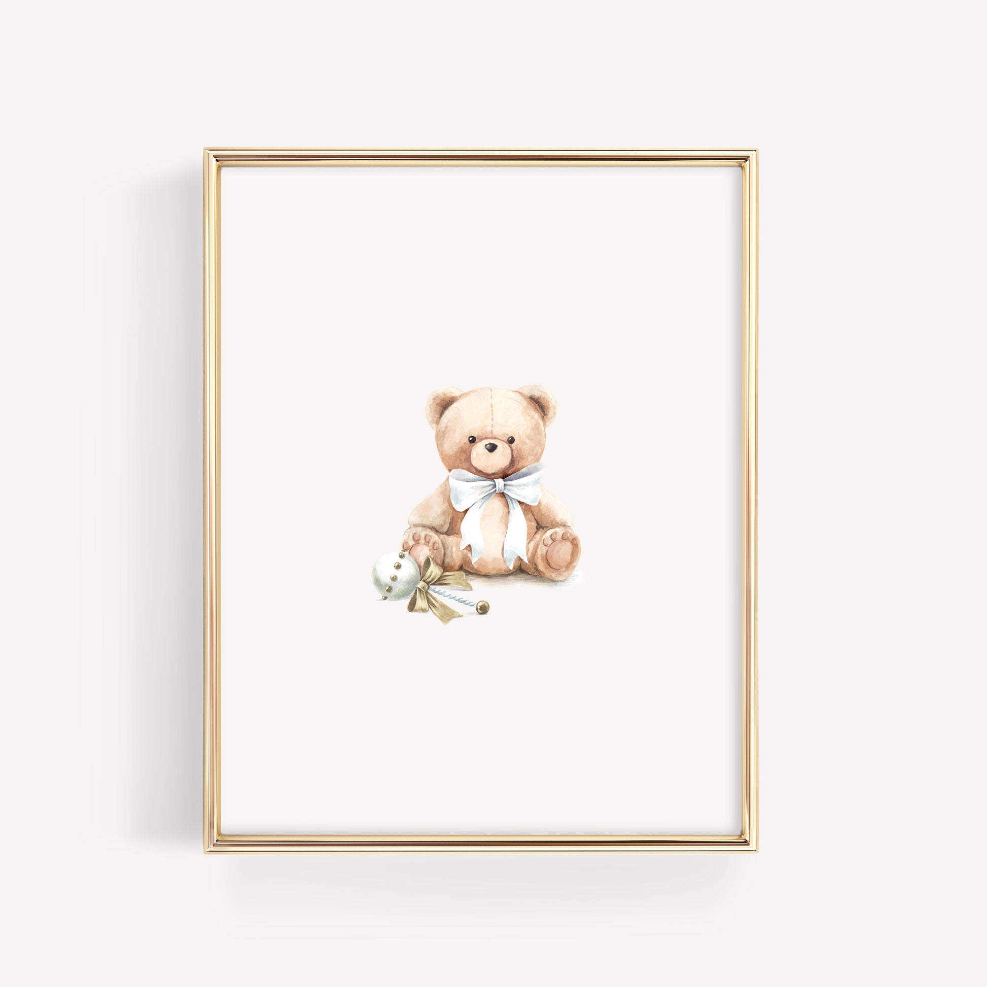 Single watercolor baby bear print in frost grey holding a blue rattle. Elegant and timeless nursery wall art for a classic baby boy nursery.